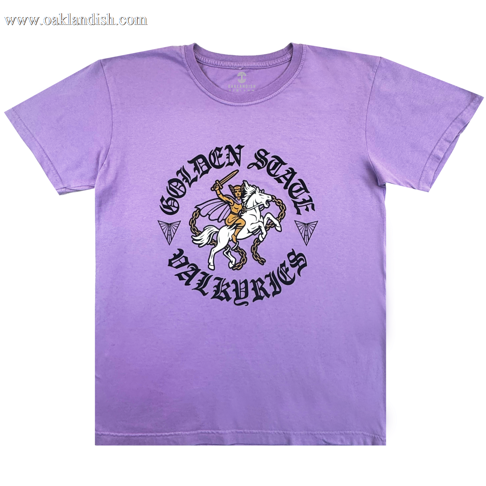 The GSV ROTV Tee is a 100% cotton, lavender Classic fit shirt with a valkyrie on a white horse, “Golden State Valkyries” in medieval font, and two diamonds flanking the horse.