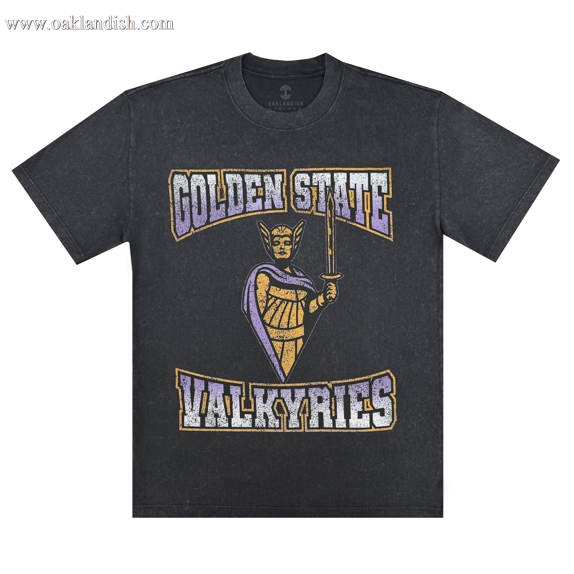 Show your support for the Golden State Valkyries in the GSV Guardian Stone Wash Heavy Tee—a 100% cotton, classic fit shirt with a female warrior graphic and "GOLDEN STATE" above and "VALKYRIES" below in gold, white, and purple.