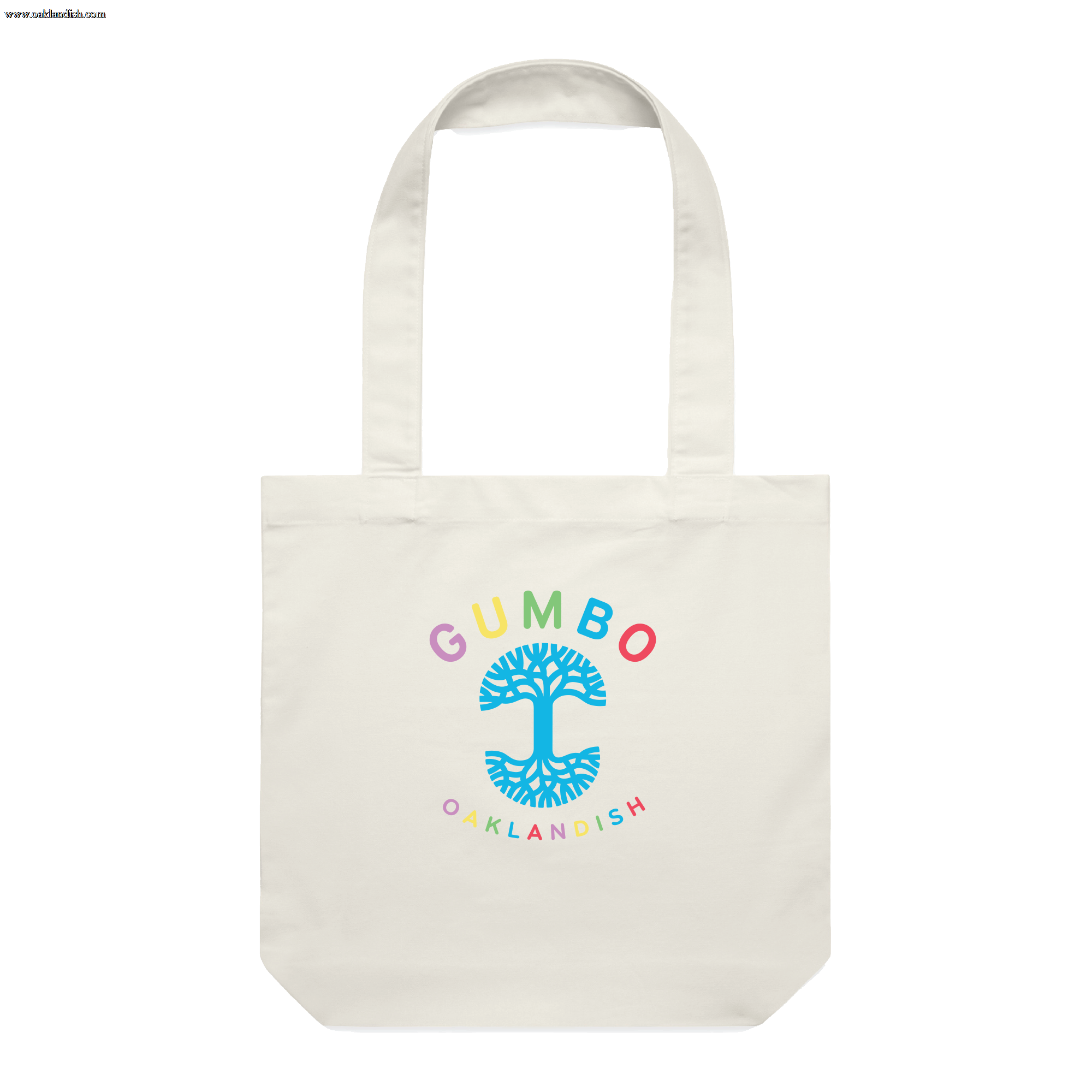 The GUMBO x Oaklandish Tote by Oaklandish is a contemporary canvas tote bag featuring two handles and a colorful design. It showcases the word "GUMBO" in rainbow colors at the top, a blue tree with spreading branches in the middle, and "OAKLANDISH" in rainbow colors at the bottom. This streetwear piece centers around vibrant tree imagery.