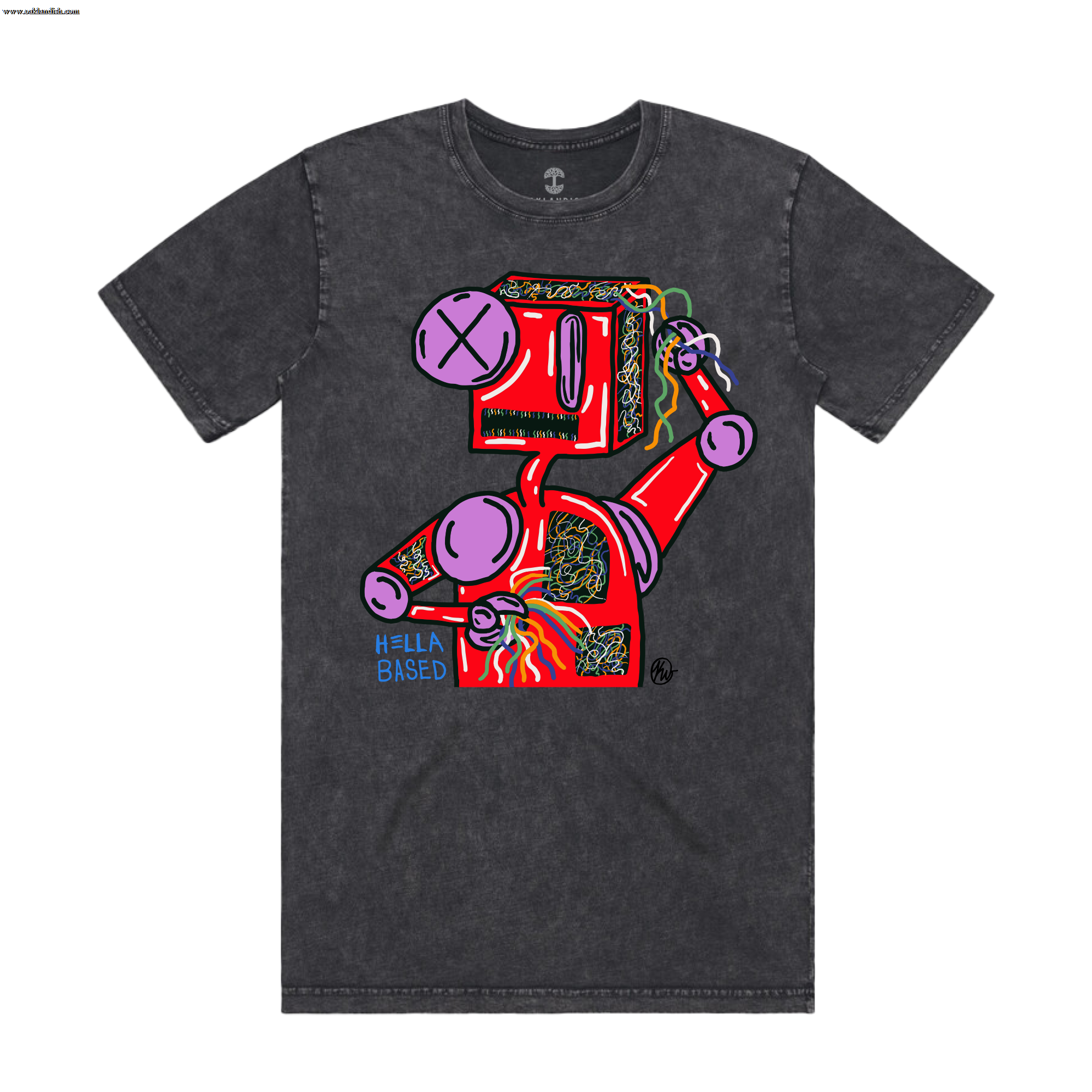 The Tangled Robots Tee by Other is a gray t-shirt with an abstract design featuring a red, boxy character with black patterns, pink arms, and a purple X-eyed face. Highlighting graffiti-street art fusion, it displays "Hella Bays'd All-Star Weekend" in blue at the bottom.