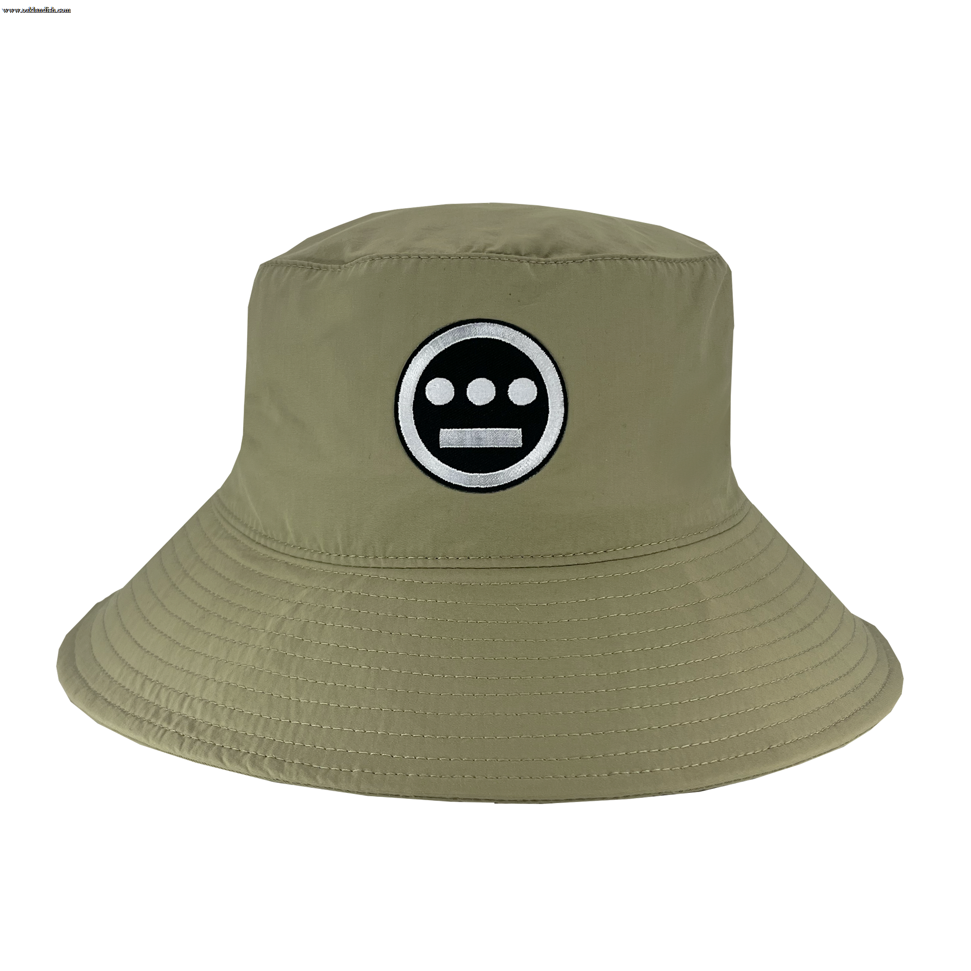 Wide brim khaki bucket hat with toggles and Hiero logo patch .