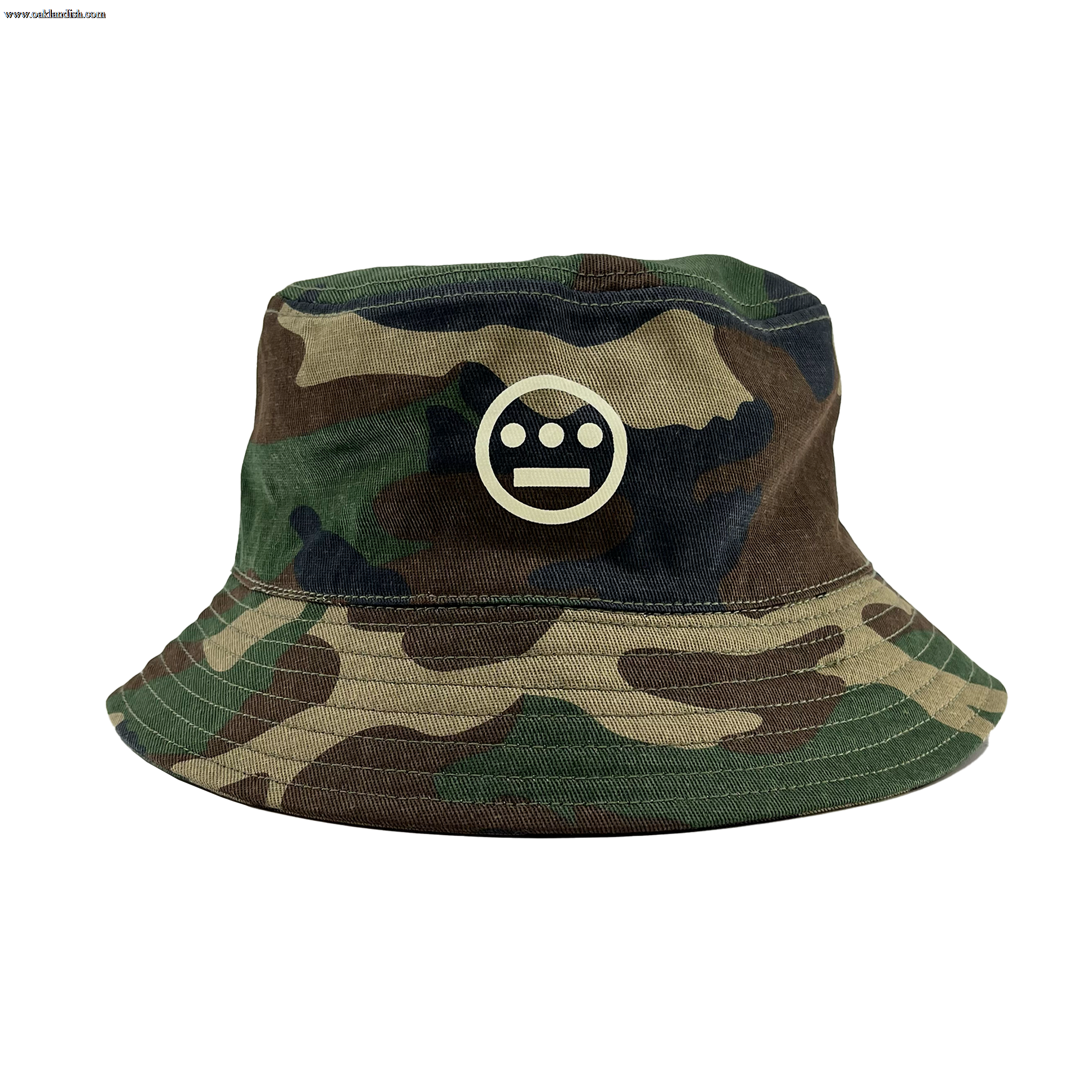 Woodland Camo bucket hat with Hieroglyphics Hip Hop Crew logo on the front crown.