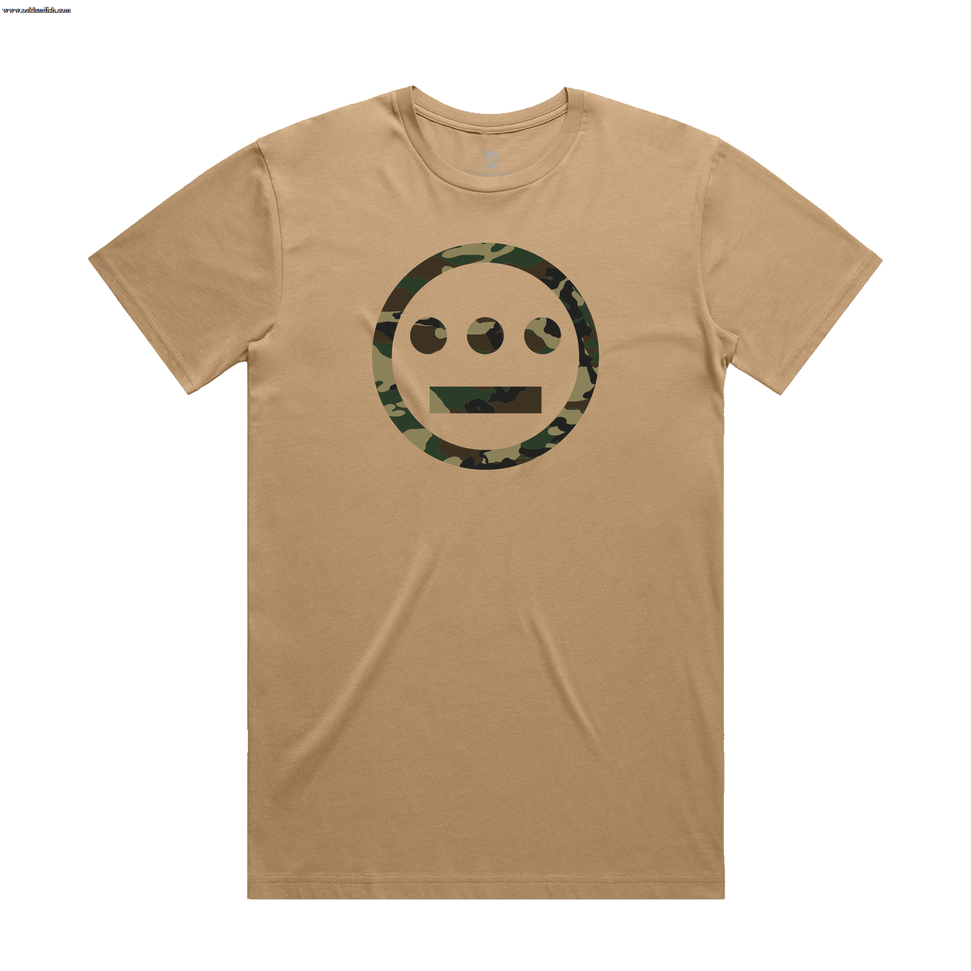 The Hiero Classic Camo Logo Tee by Other is a tan hip-hop t-shirt with a large, iconic face-in-circle Hieroglyphics logo in green and brown camo on the chest.