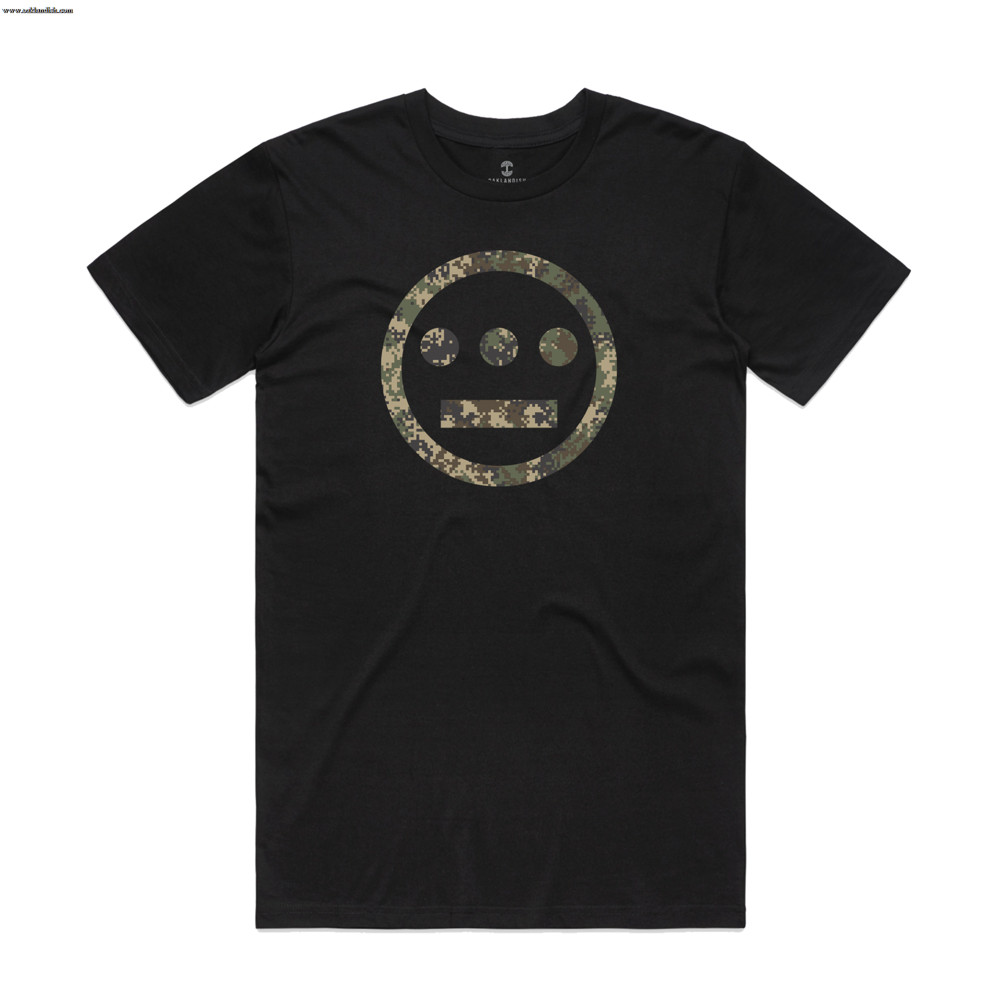 The Hiero Classic Camo Logo Tee by Other is a black short-sleeve hip-hop t-shirt with a large camouflage Hieroglyphics logo—featuring a minimalist three-eyed face—displayed on a white background in classic fit.