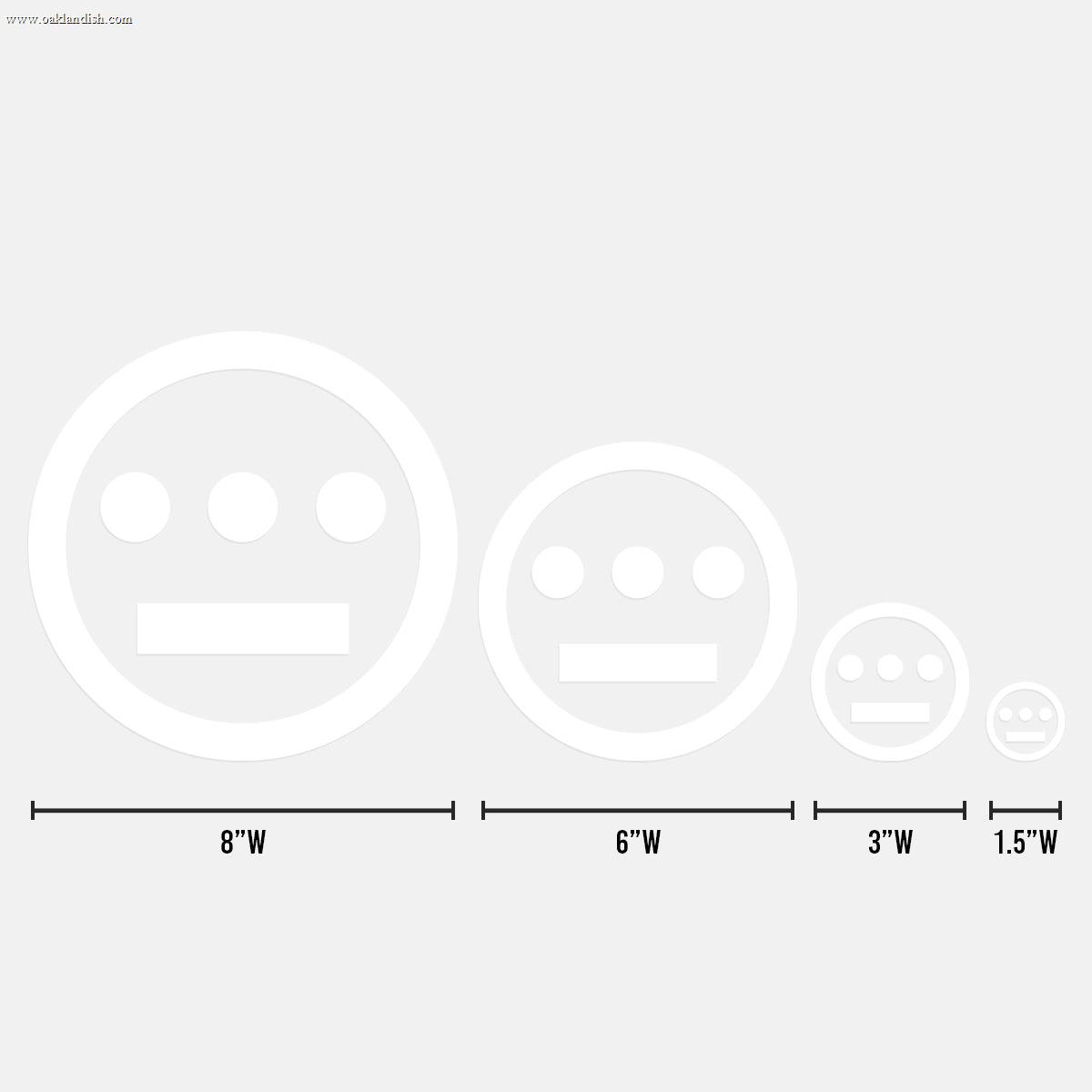 Four white stylized faces with three horizontal dots for eyes and a rectangular bar for the mouth, resembling modern Hieroglyphics. They vary in size, labeled from left to right: 8 inches wide, 6 inches wide, 3 inches (Hiero Decal - 3 in by Hieroglyphics), and 1.5 inches wide. Perfect as decals against a gray background.