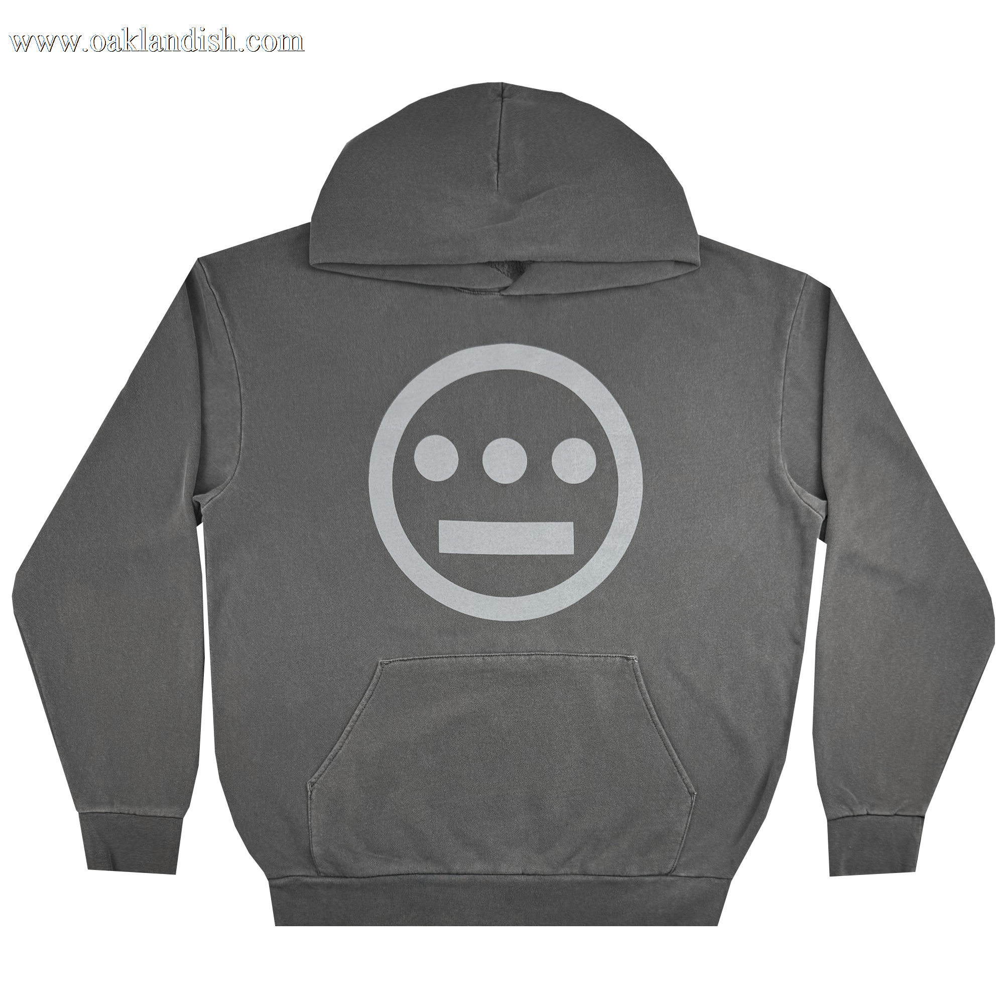 Introducing the Hiero Heavy Hoodie by Hieroglyphics: a gray pullover hoodie made from heavyweight fleece. It features a large circular logo on the front, showcasing three horizontal dots above a single line, reminiscent of ancient hieroglyphs. This cozy hoodie also includes a front pocket and an attached hood for added comfort.
