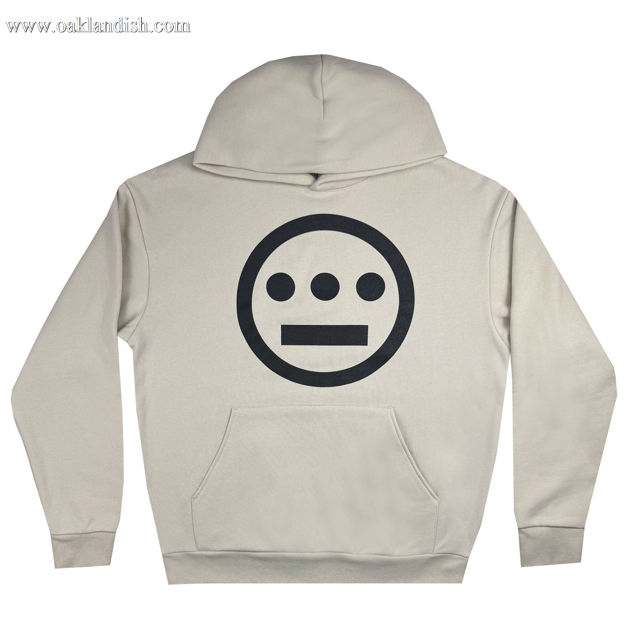 The Hiero Heavy Hoodie by Hieroglyphics is a beige pullover with a relaxed fit, showcasing a large black logo on the back. The logo includes three horizontal dots above a rectangular line enclosed in a circle. Made from heavyweight fleece, this stylish sweatshirt also features a front pocket and is displayed against a white background.