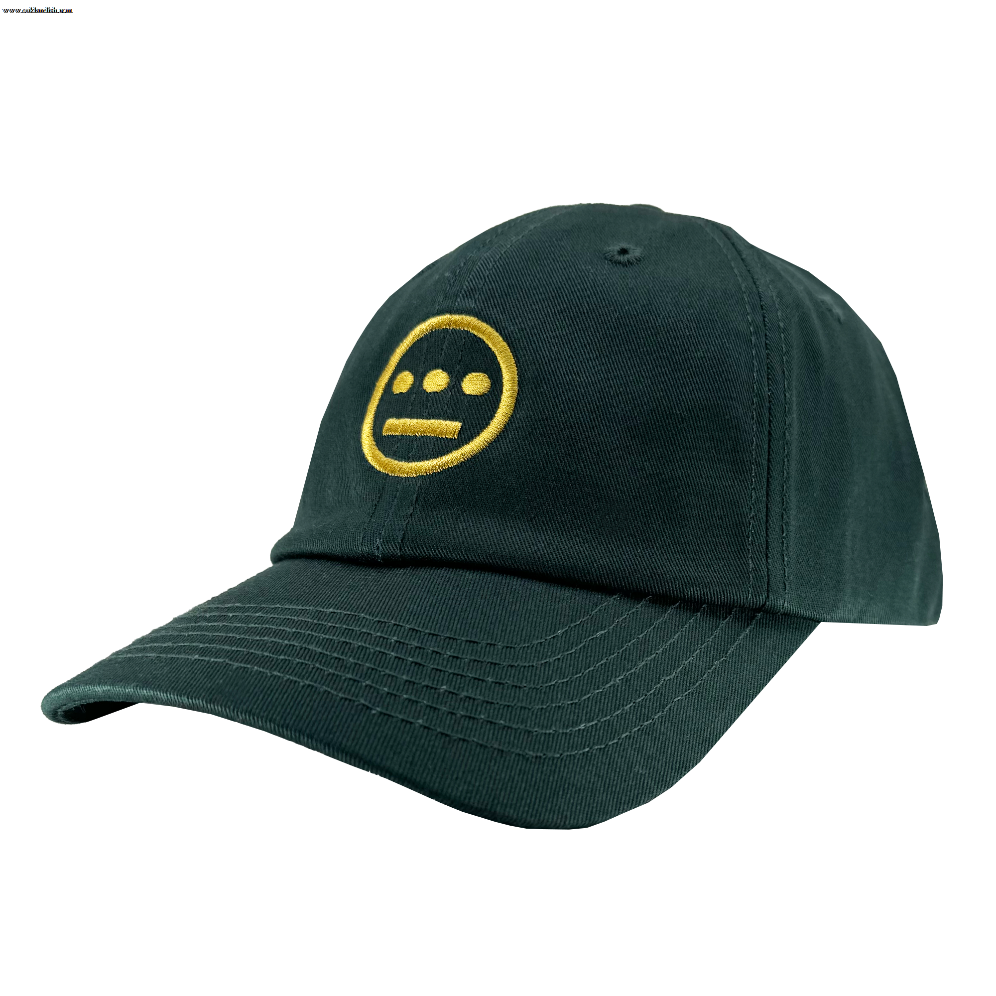 The dark green Hiero Logo Dad Hat by Hieroglyphics features a yellow embroidered logo resembling hieroglyphics—a circle with three lines above two dots. Its adjustable strap back and visible stitching along the brim and panel seams add character, showcased from a front and side angle.