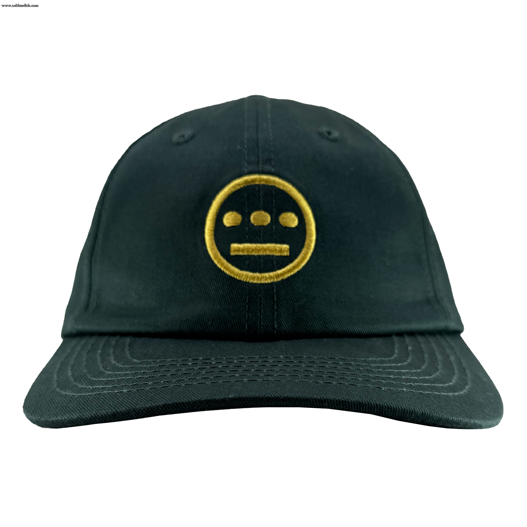 The Hiero Logo Dad Hat by Hieroglyphics is a black cap with a yellow embroidered face featuring two horizontal eyes and a mouth on the front. It includes a curved brim with stitched details and an adjustable strap back, set against a plain white background.