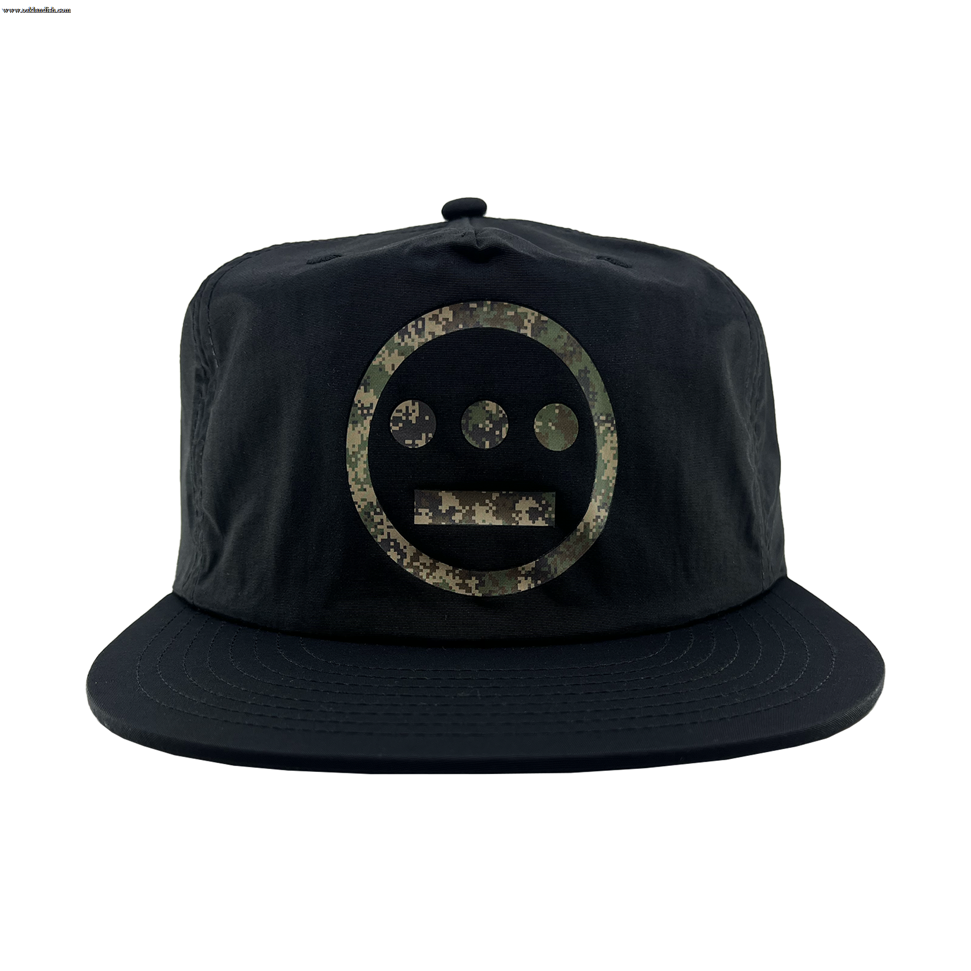 The Other Hiero Classic Camo Logo Hat is a black snapback cap with the iconic Hieroglyphics logo in green and brown camouflage on the front, set against a plain light gray background.