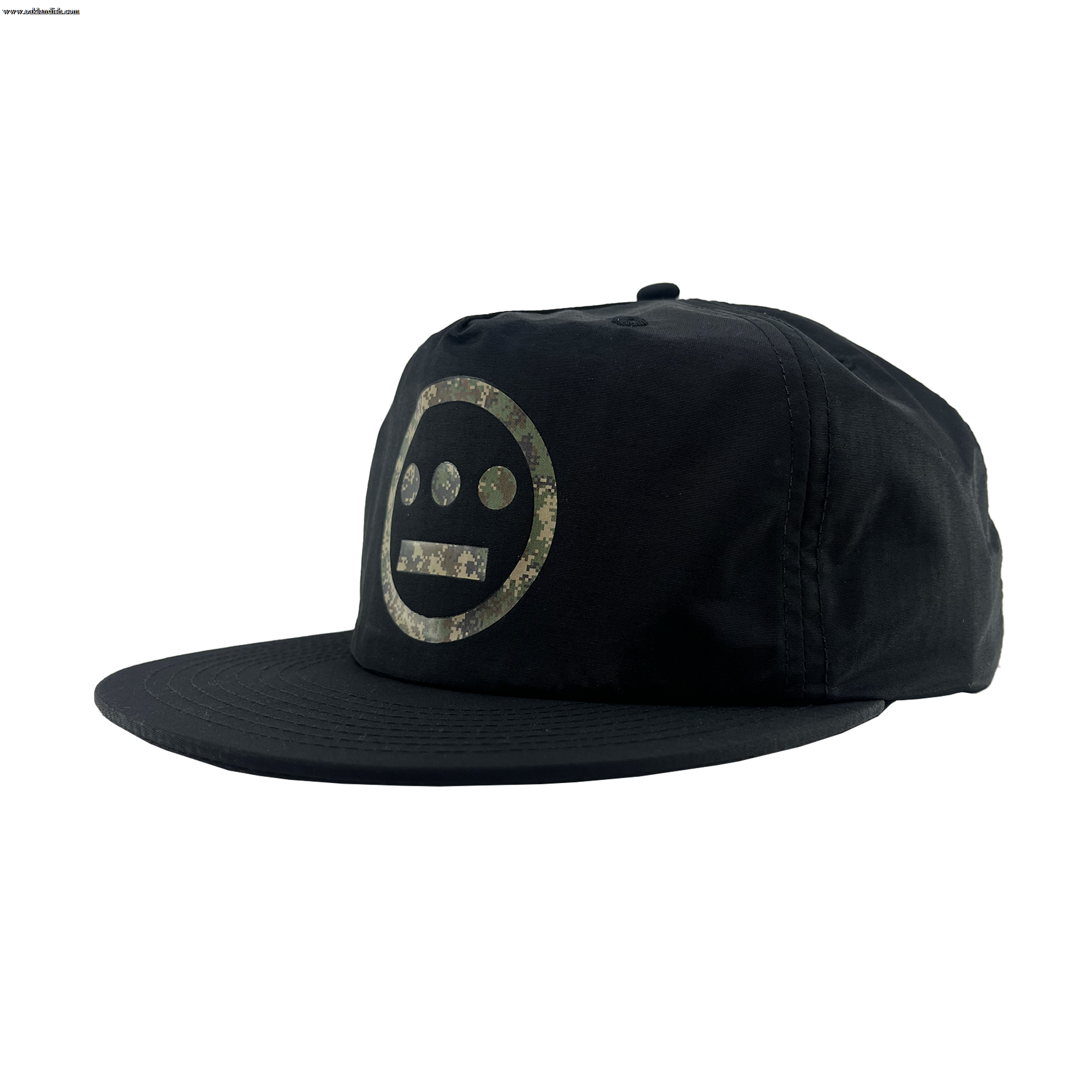 The Other Hiero Classic Camo Logo Hat is a black snapback with a flat brim, featuring a circular Hieroglyphics face logo in camo on the front—delivering hip-hop style that stands out against a plain white background.