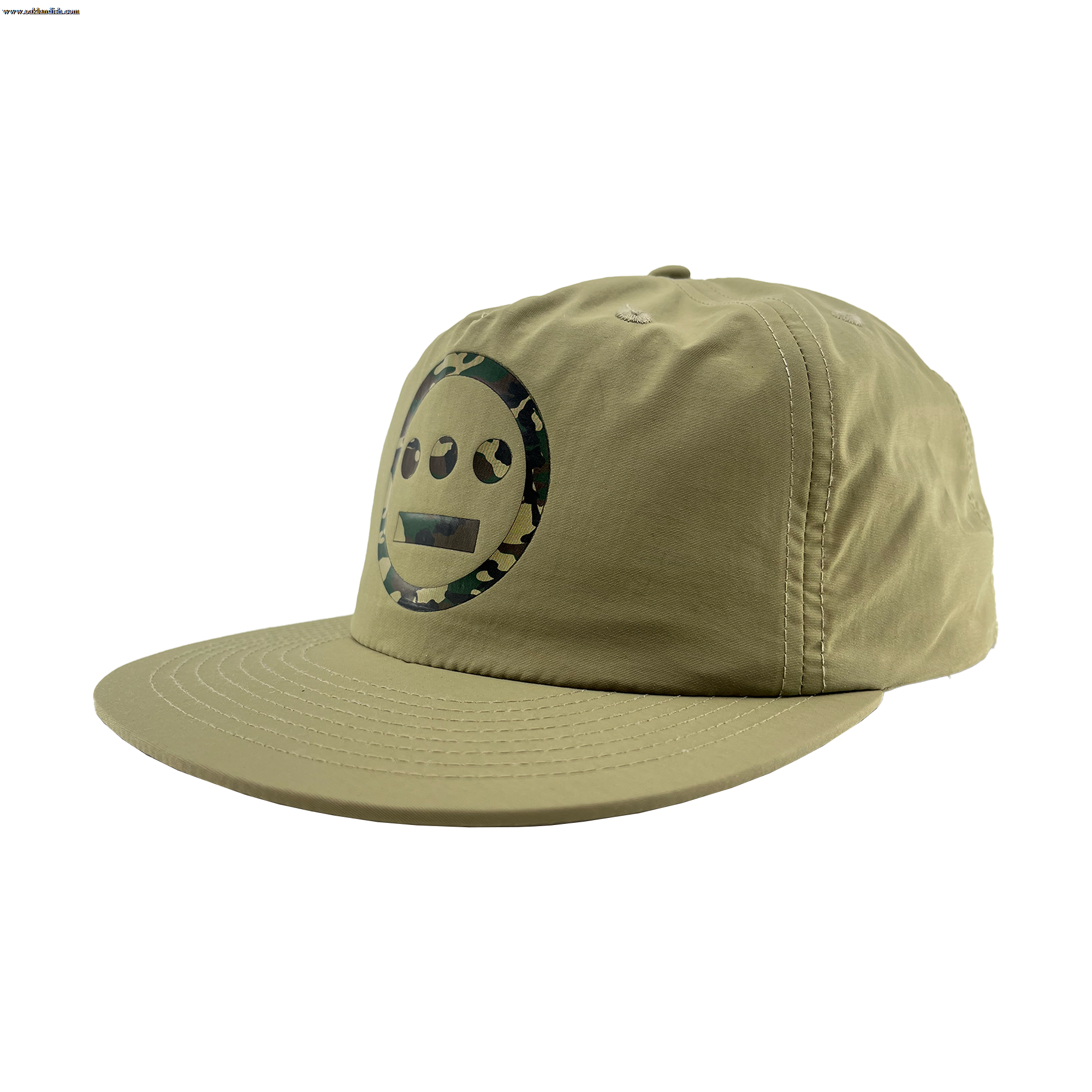 The Other Hiero Classic Camo Logo Hat is a khaki green snapback with flat brim, featuring a black Hieroglyphics smiley face logo in a camo circle, soft unstructured crown, and visible stitching—ideal for hip-hop style.