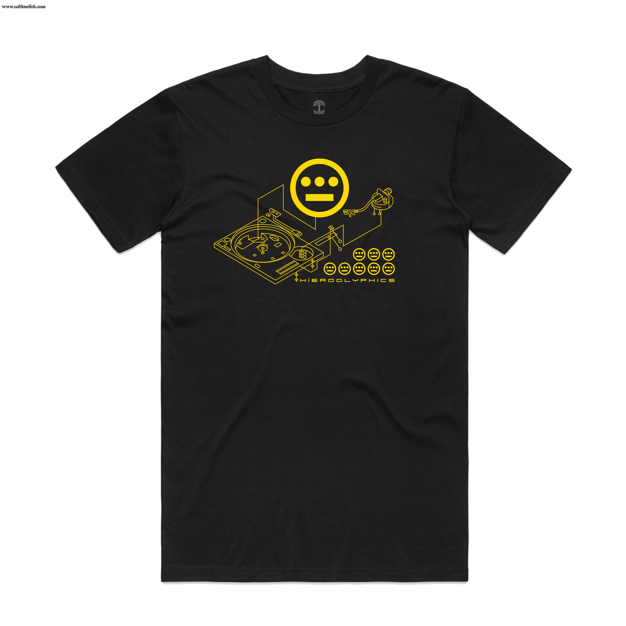 The Hiero Turntable Tee by Hieroglyphics is a black T-shirt adorned with a yellow geometric illustration of a turntable and a stylized smiling face. Capture the hip-hop vibe with "Hieroglyphics" and circular symbols below, making this tee essential for music enthusiasts.