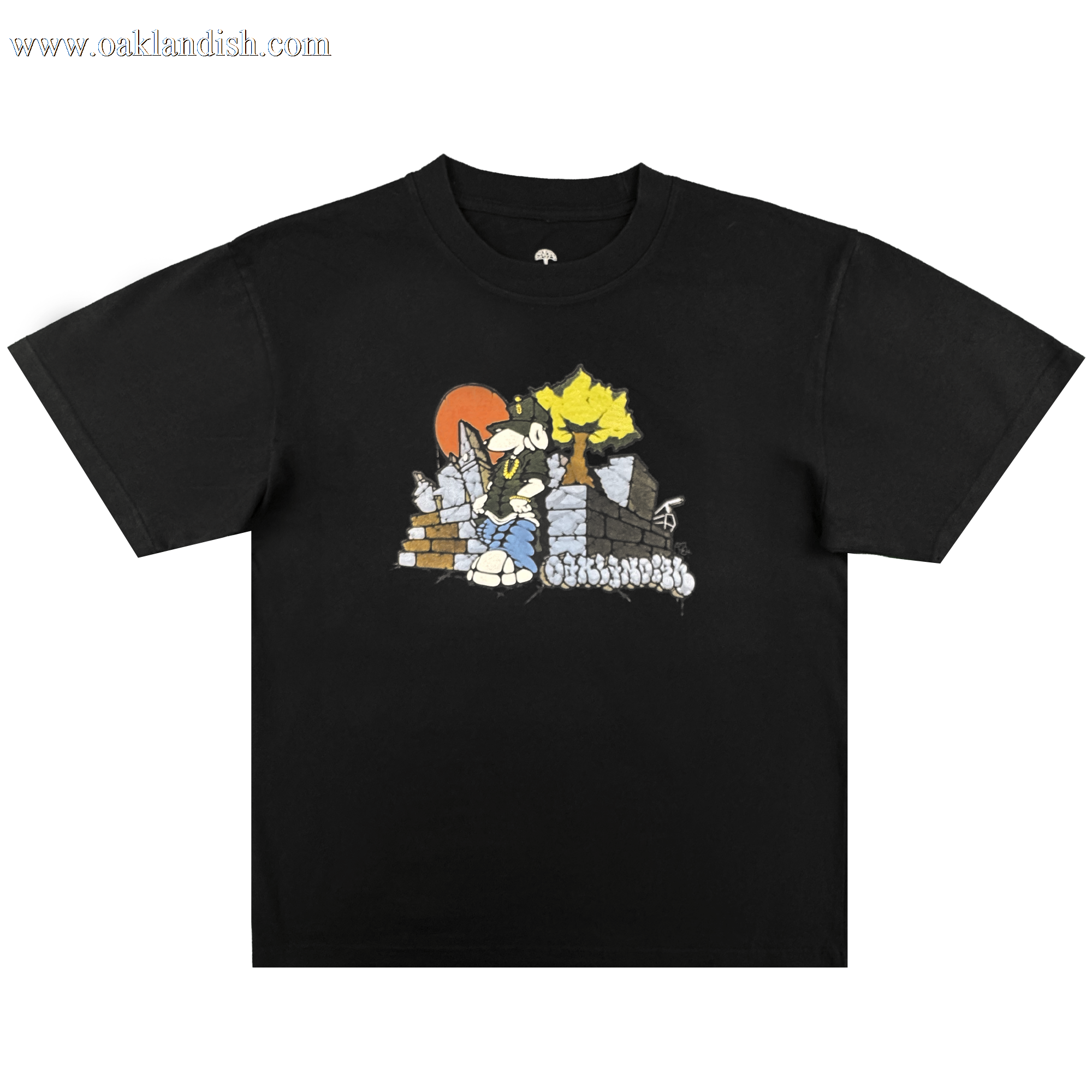 The Oaklandish Highroller Tee is a men's black t-shirt with a cartoon blue cat ninja, yellow hair, red sun, and brick wall on a stone path. Made from heavy-weight cotton, this classic fit tee offers lasting comfort and durability.