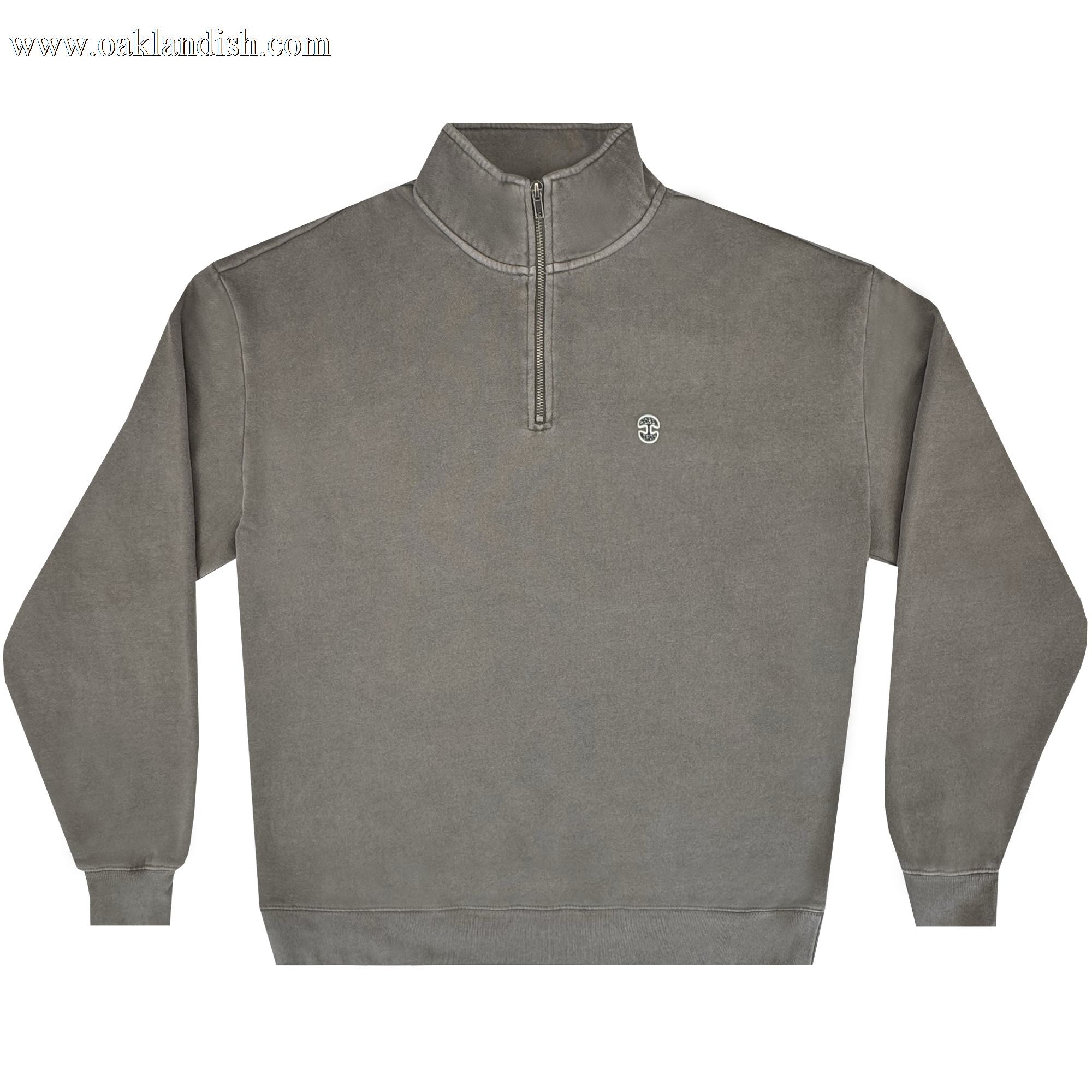 The Oaklandish Hojicha 1/4 Zip is a faded gray men's fleece pullover with garment dye, high collar, ribbed cuffs and hem, and a small white embroidered "SC" logo on the left chest. Shown mid-weight against a plain white background.