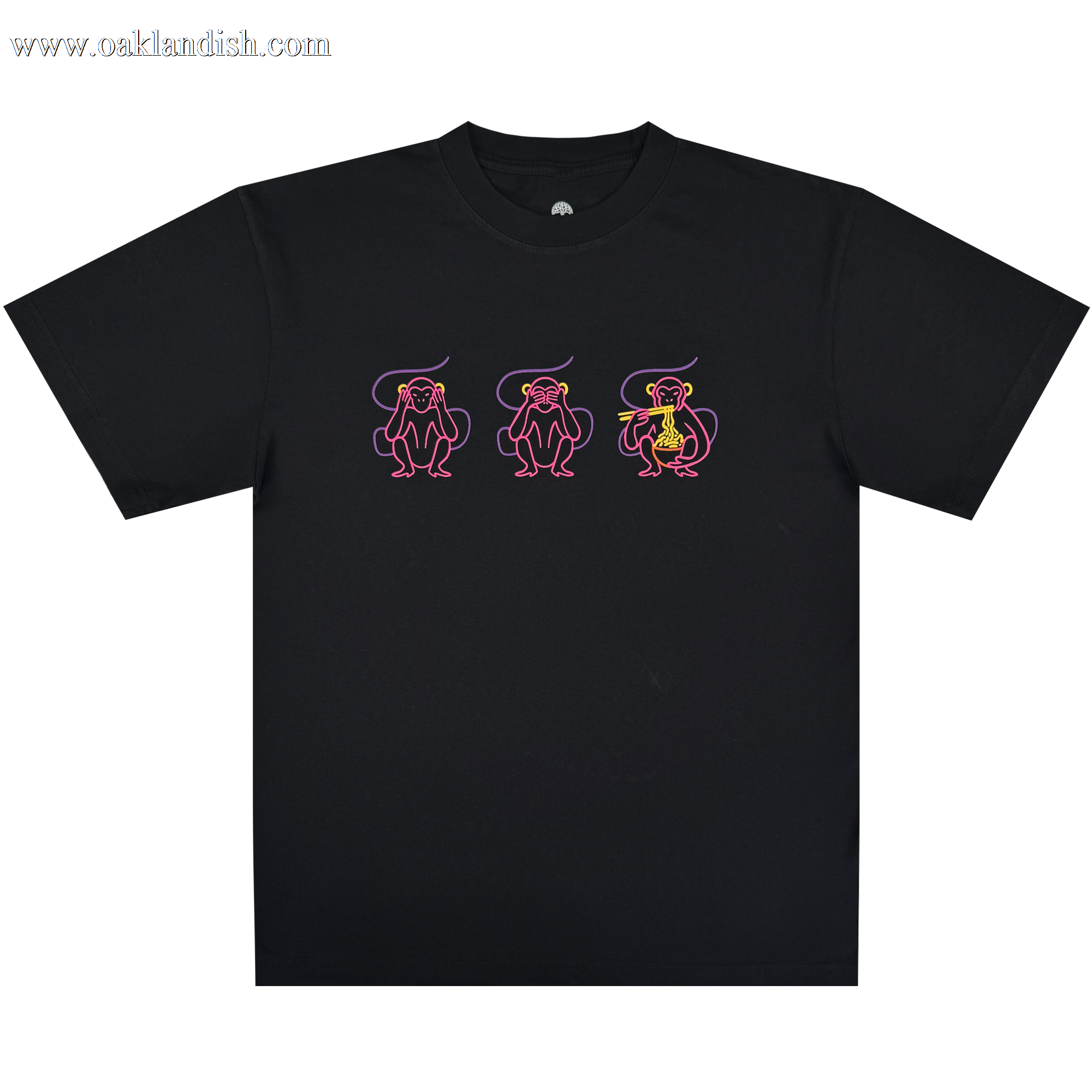 The Jo's Modern Thai X Oaklandish Tee by Oaklandish is a black classic-fit shirt with three neon-outlined monkeys—two in pink, one pink-and-yellow eating a banana—all with curved tails overhead. A playful collaborative statement piece.
