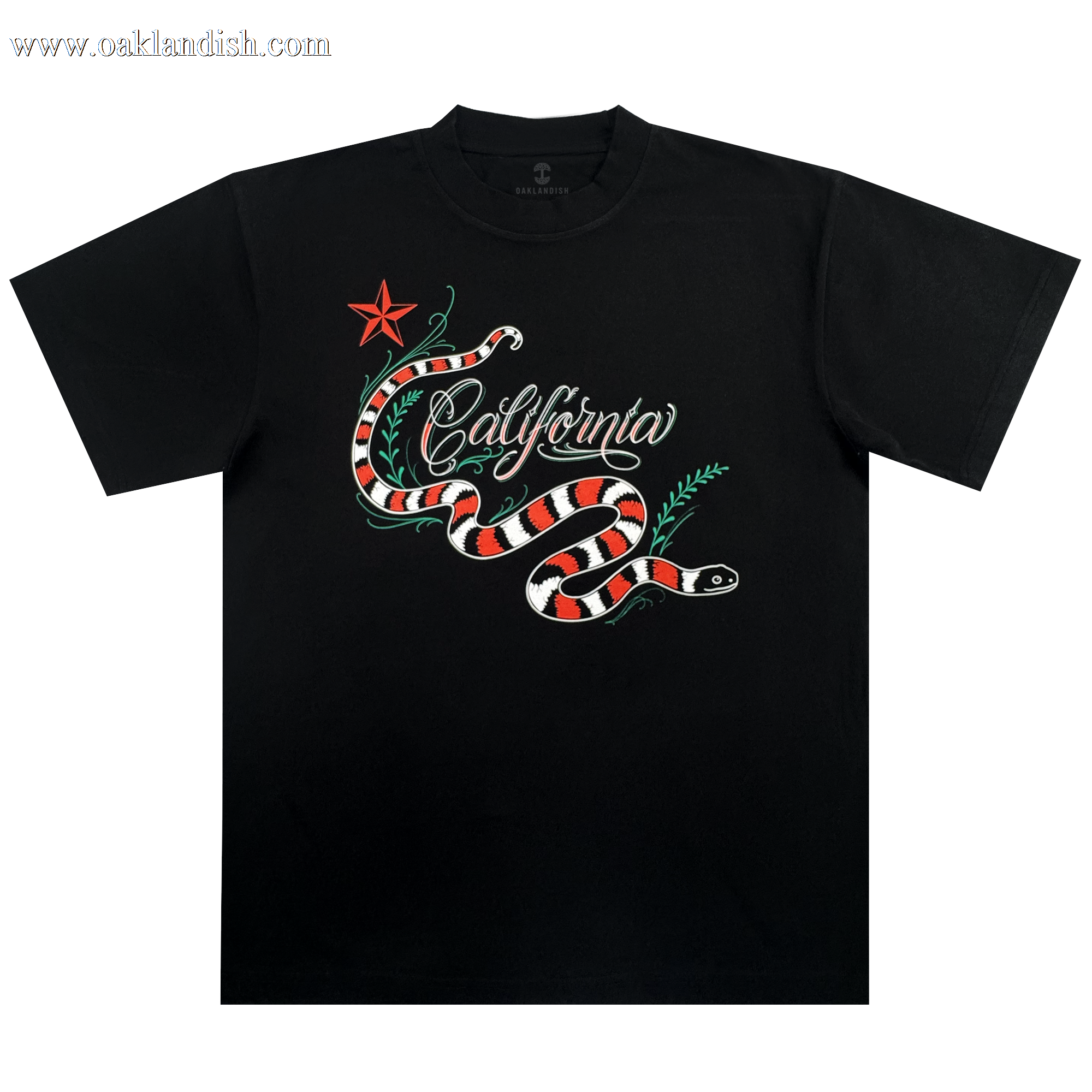 The Oaklandish CA King Tee is a men’s black t-shirt with a bold red, white, and black snake, green leaves, a red star, and “California” in white cursive across the chest. This classic fit heavyweight cotton tee ensures lasting comfort.