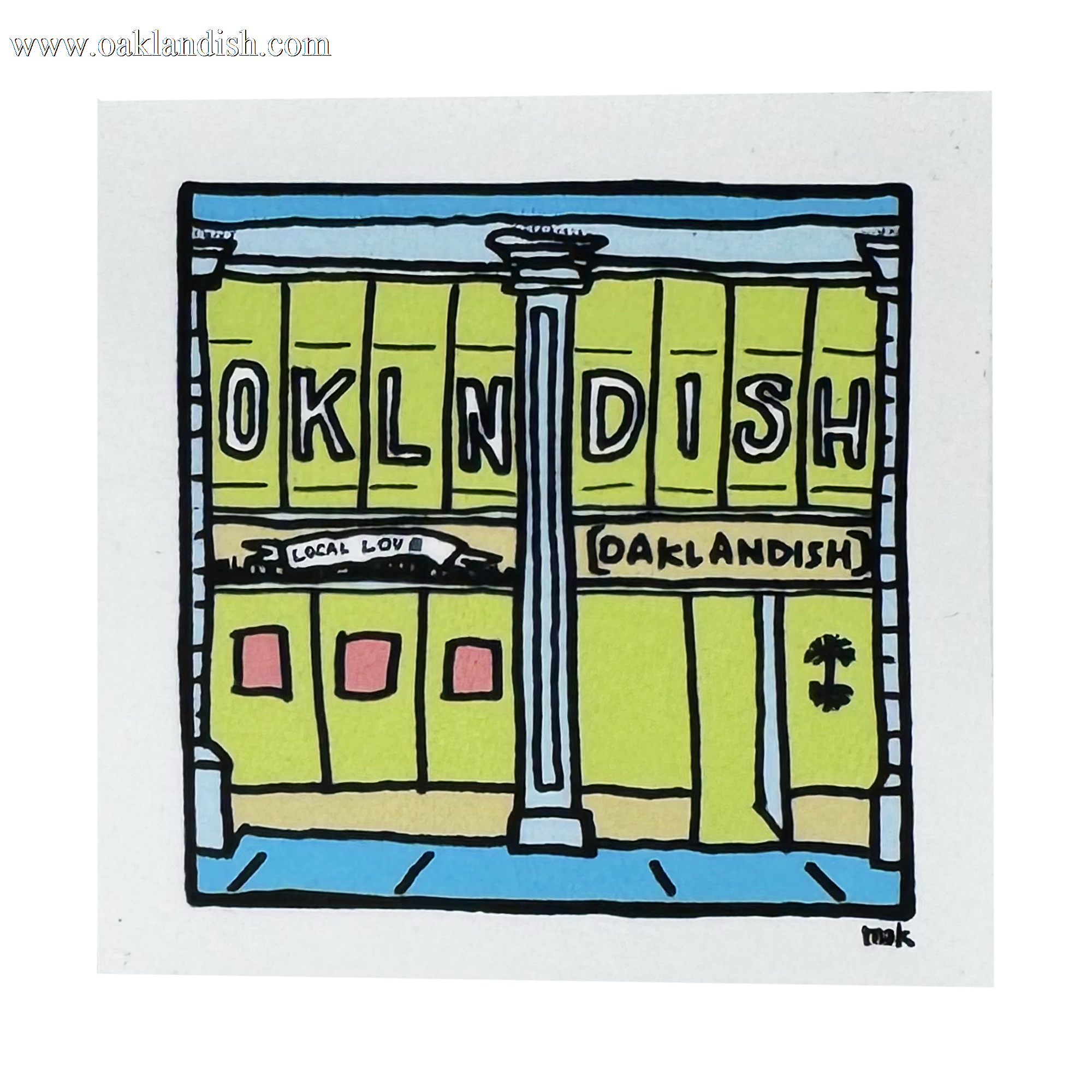 Add a pop of color with the Oaklandish DTO Storefront Sticker—a 2" x 2" cartoon-style design featuring "OAKLANDISH" at 1444 Broadway, yellow panels, and the iconic tree logo. Perfect for showing local pride!.