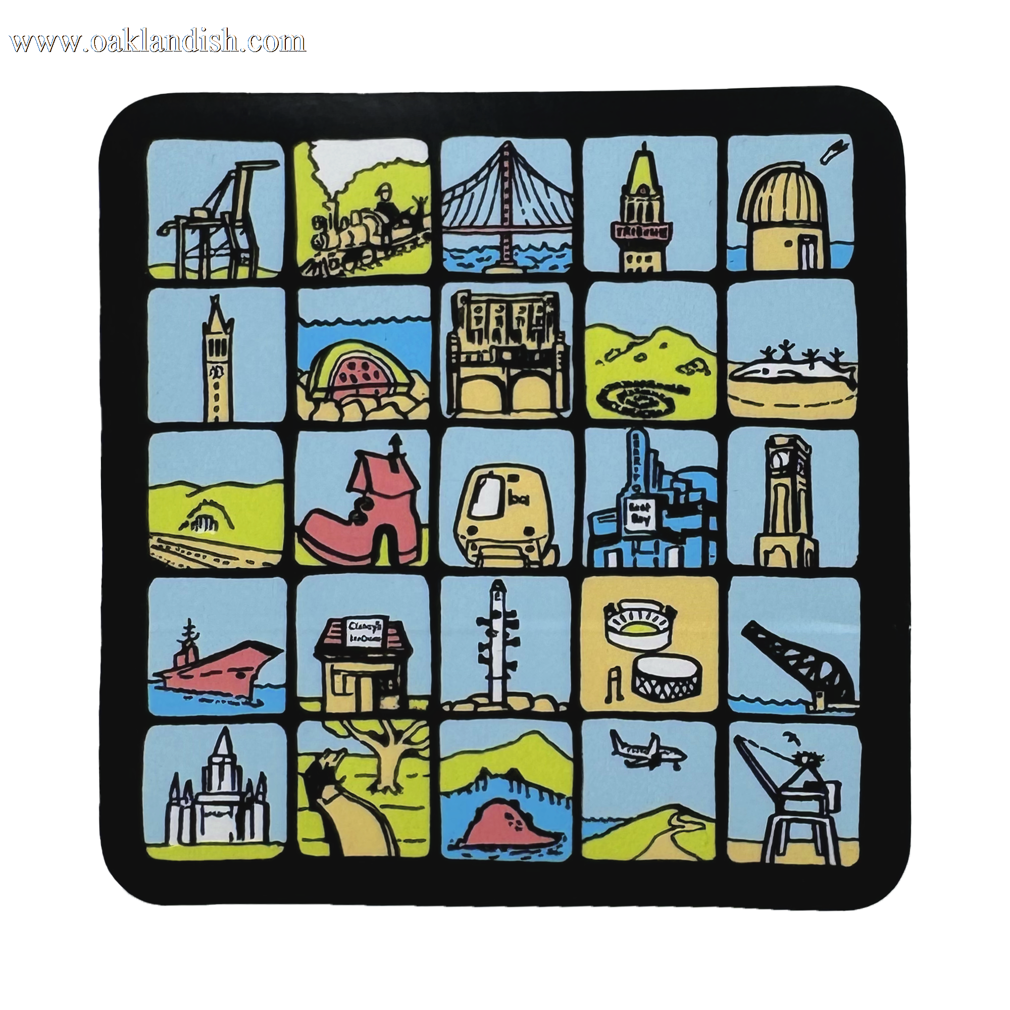 A grid of 20 cartoon icons on the Oaklandish East Bay Landmark Sticker showcases local landmarks and symbols—all outlined in black with blue backgrounds—highlighting the unique character of the region.