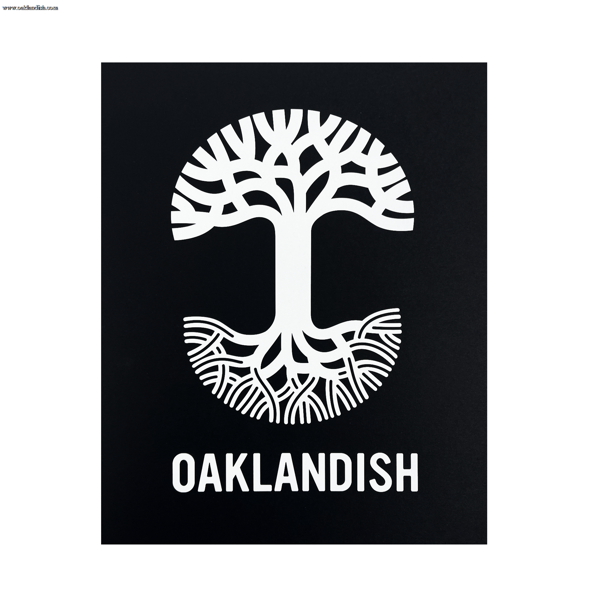 A black background showcases a striking white graphic of a tree creatively designed to resemble the letter "T," with the top half depicting branches and the bottom half depicting roots. Below this symbolic tree, "OAKLANDISH" is prominently featured in uppercase letters on a silver foil cardstock print, known as the Oaklandish New Logo Print by Never Elsewhere.