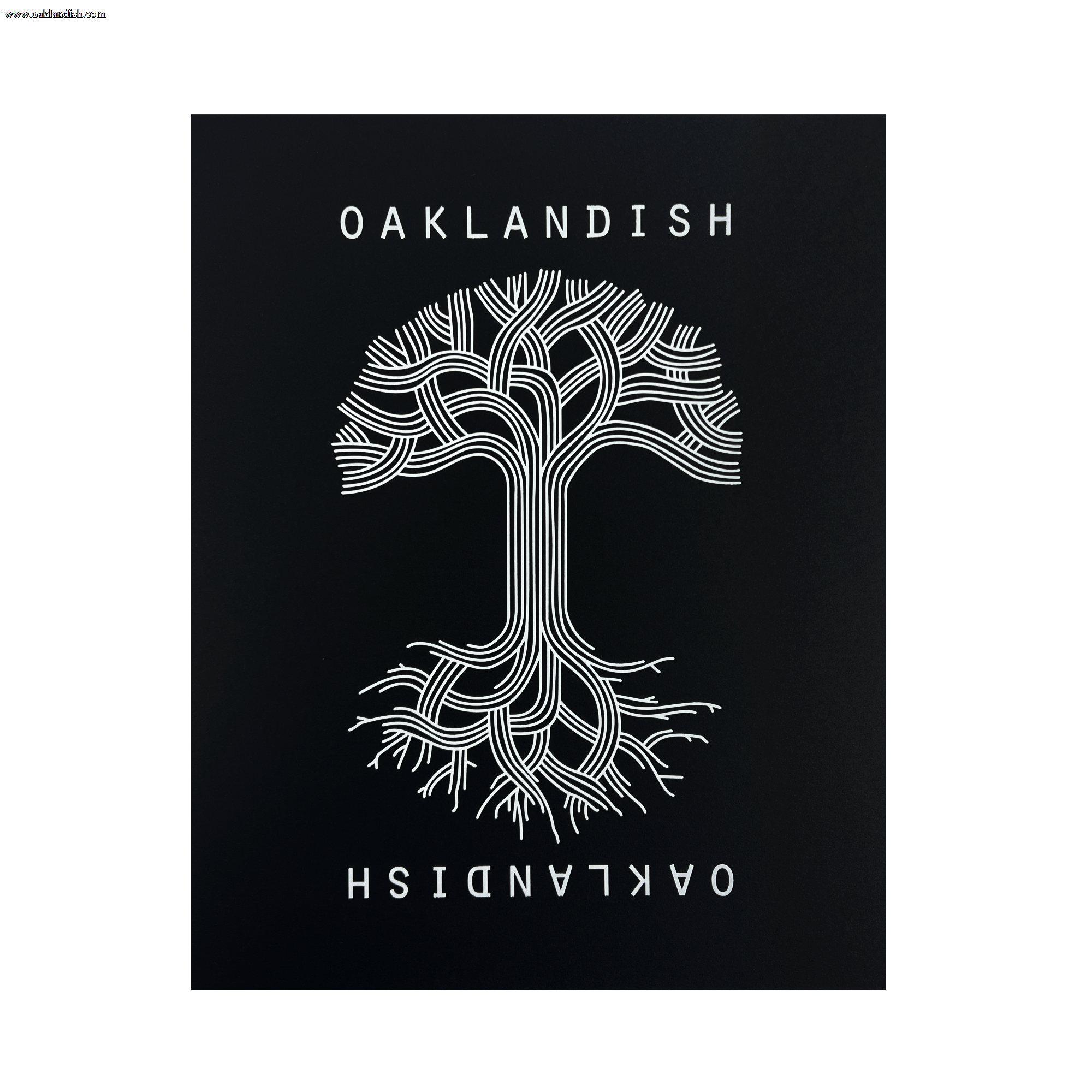 A symmetrical tree with branched lines forming roots and branches is centered against a black background in the Oaklandish Classic Logo Print by Never Elsewhere. The white text "OAKLANDISH" appears above and below the tree, with the lower text inverted. The design has a modern, graphical look reminiscent of a letterpress print, creating a striking contrast.