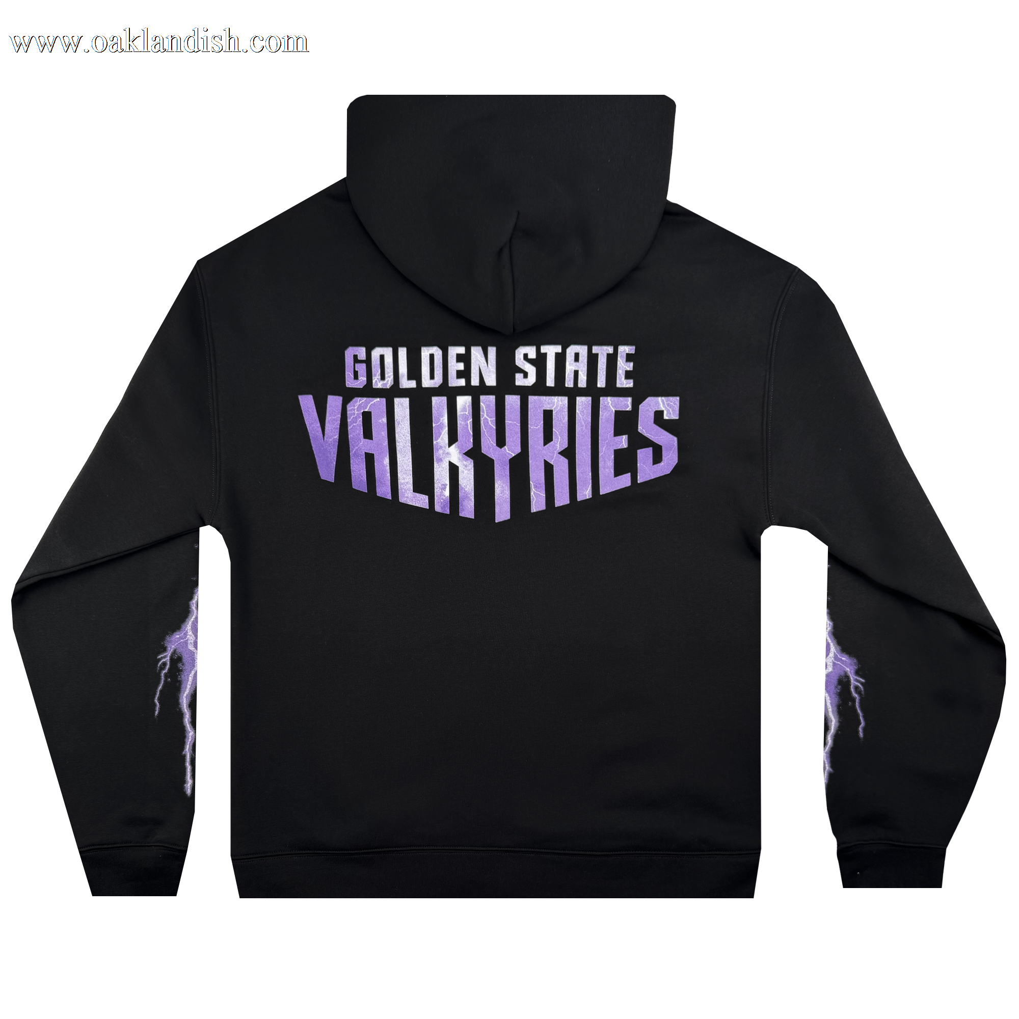 The GSV Golden State Valkyries Violet Lightning Hoodie is a black, mid-weight fleece pullover with bold white and purple "GOLDEN STATE VALKYRIES" text on the back and purple lightning bolts down each sleeve. Officially licensed.