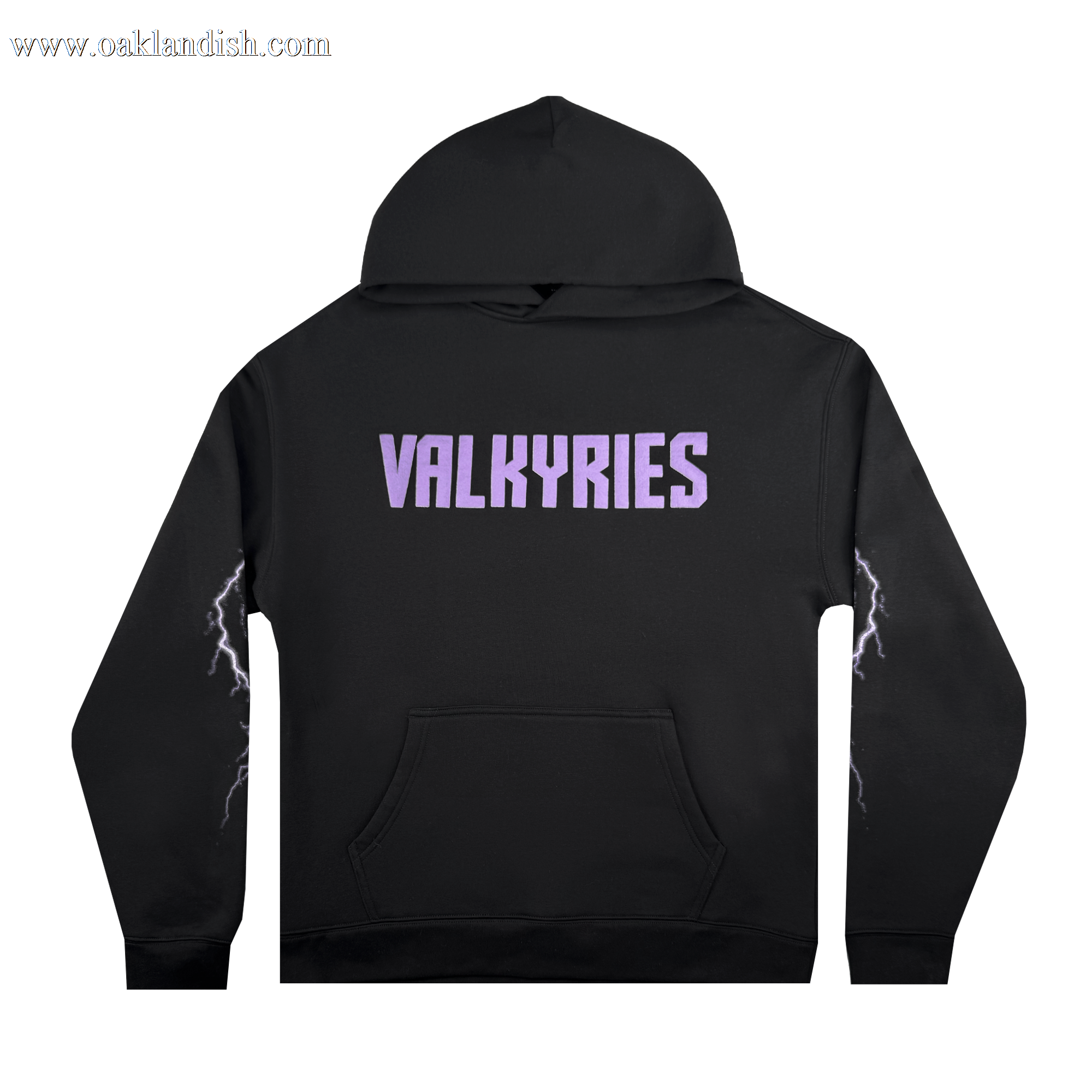 The GSV Golden State Valkyries Violet Lightning Hoodie is a black mid-weight fleece pullover with "VALKYRIES" in bold light purple letters on the back, white lightning bolt graphics on the sleeves, a front pocket, and hood. Officially licensed.