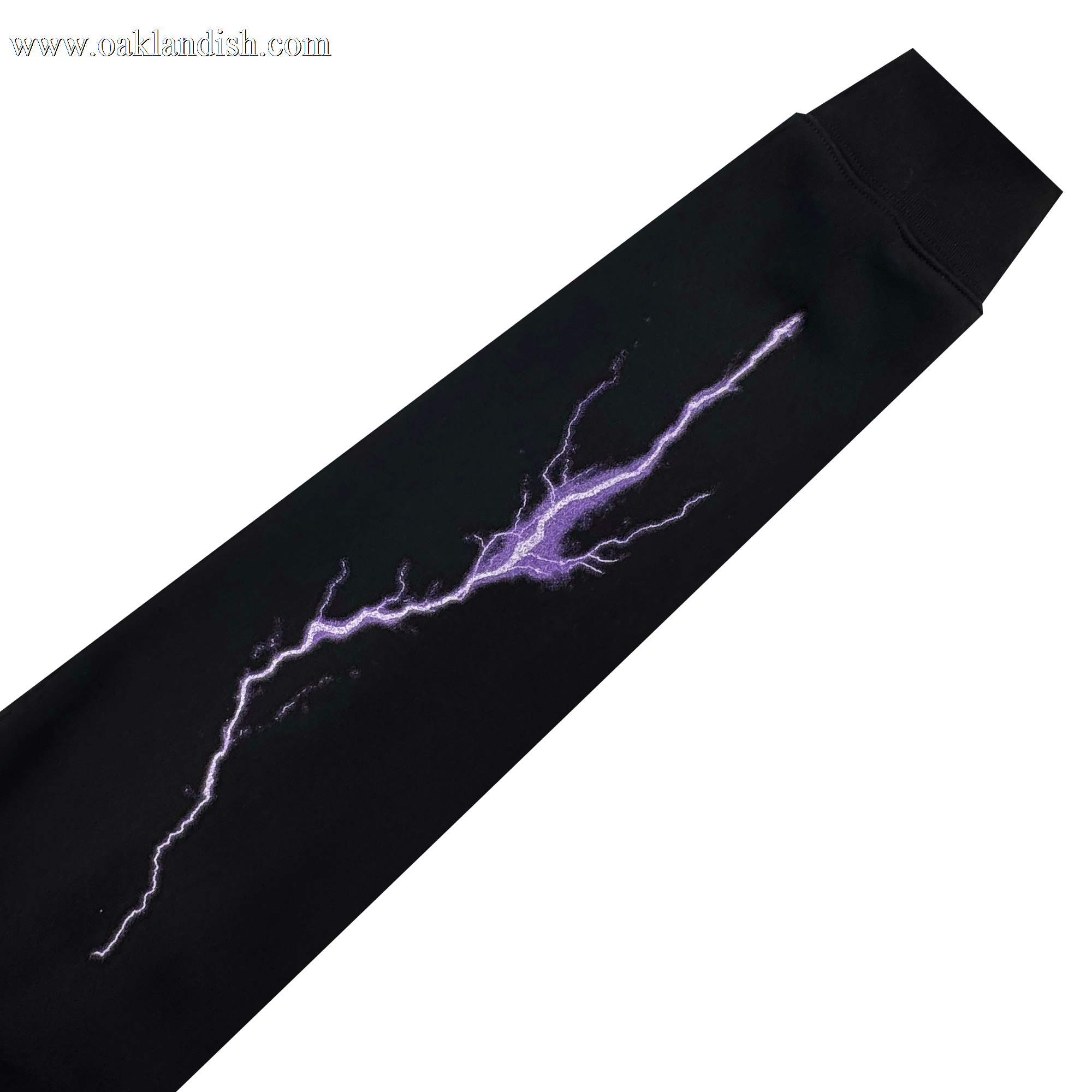 The GSV Golden State Valkyries Violet Lightning Hoodie features a black mid-weight fleece with a bold, jagged purple lightning bolt across the front, creating striking contrast against the white background and making the vibrant design stand out.