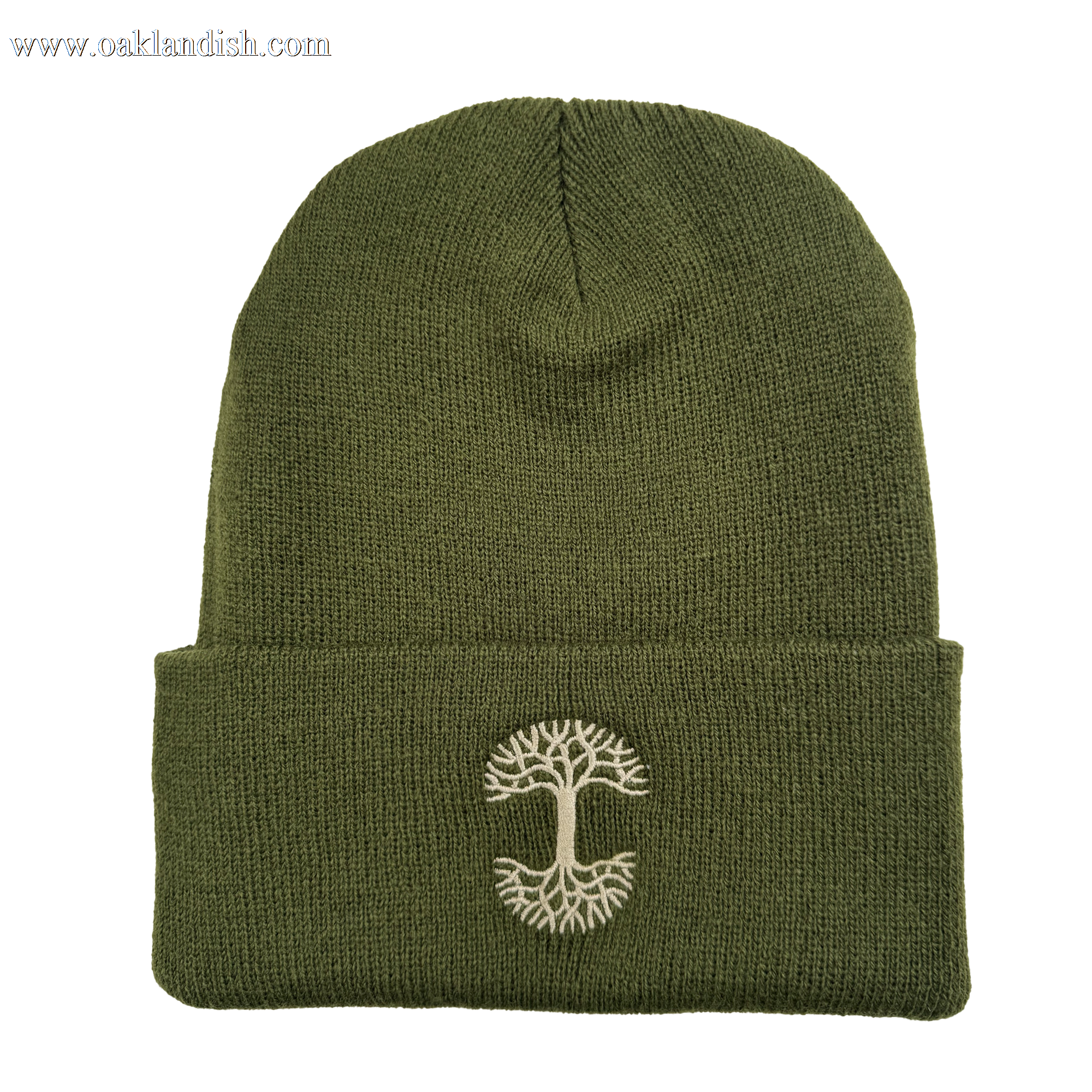 The Oaklandish Classic Logo Embroidered Beanie by Oaklandish is an olive green knit beanie featuring a folded brim and an embroidered white tree design on the front. The tree, depicted with branches and roots, adds a stylish touch to this simple woven headwear, making it cozy yet fashionable.
