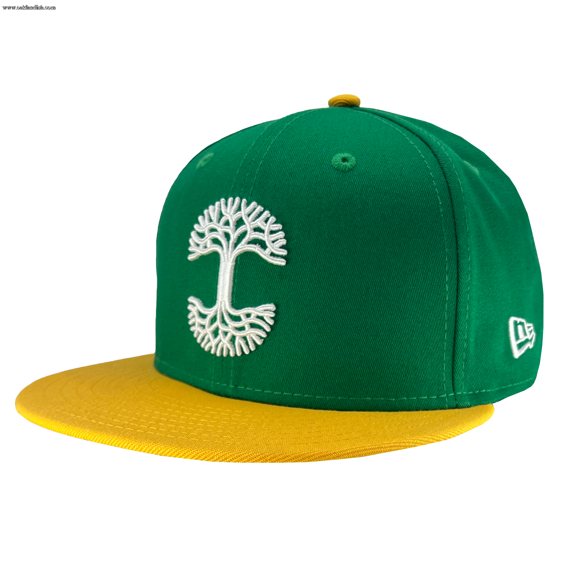 The New Era X Oaklandish Forever Classic 59FIFTY Fitted Cap by Oaklandish is a green baseball cap with a yellow brim, featuring a white embroidered tree design on the front and an Oaklandish logo. This cap also boasts the iconic New Era logo in white on the side.