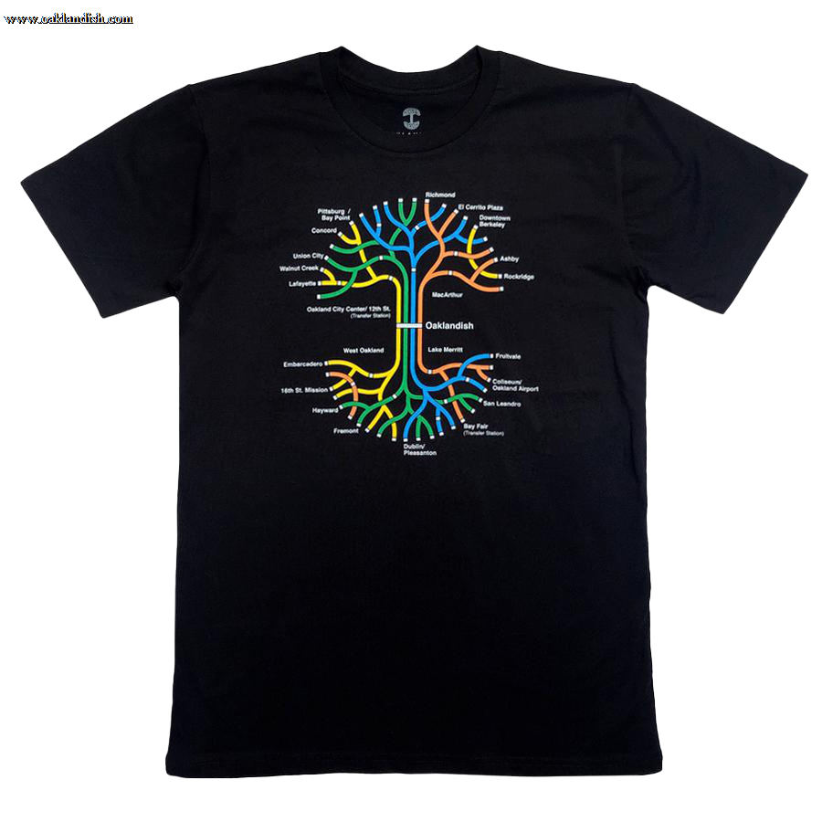 The BART Tree Tee by Oaklandish is a classic fit t-shirt made from 100% cotton, featuring a tree-inspired graphic with multicolored branches that resemble a BART map. Each branch is adorned with station names like "Metro Center" and "Hunter's Point" in white text, while the trunk prominently displays "Oaklandish" in white.