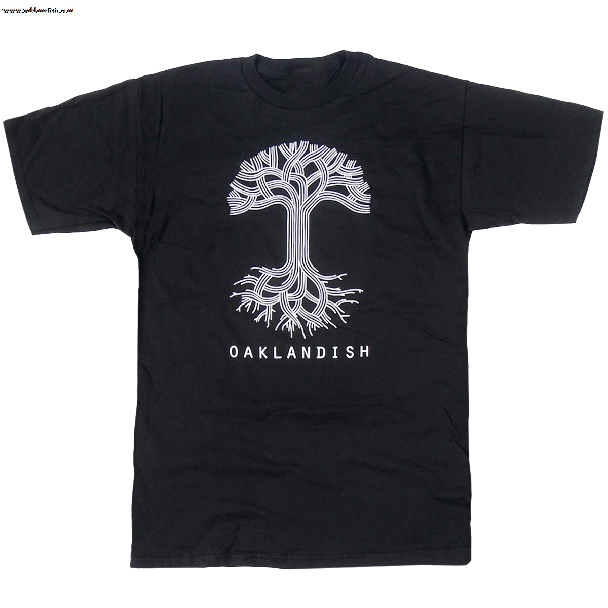Black t-shirt with a large white Oaklandish tree logo and wordmark on the front chest.