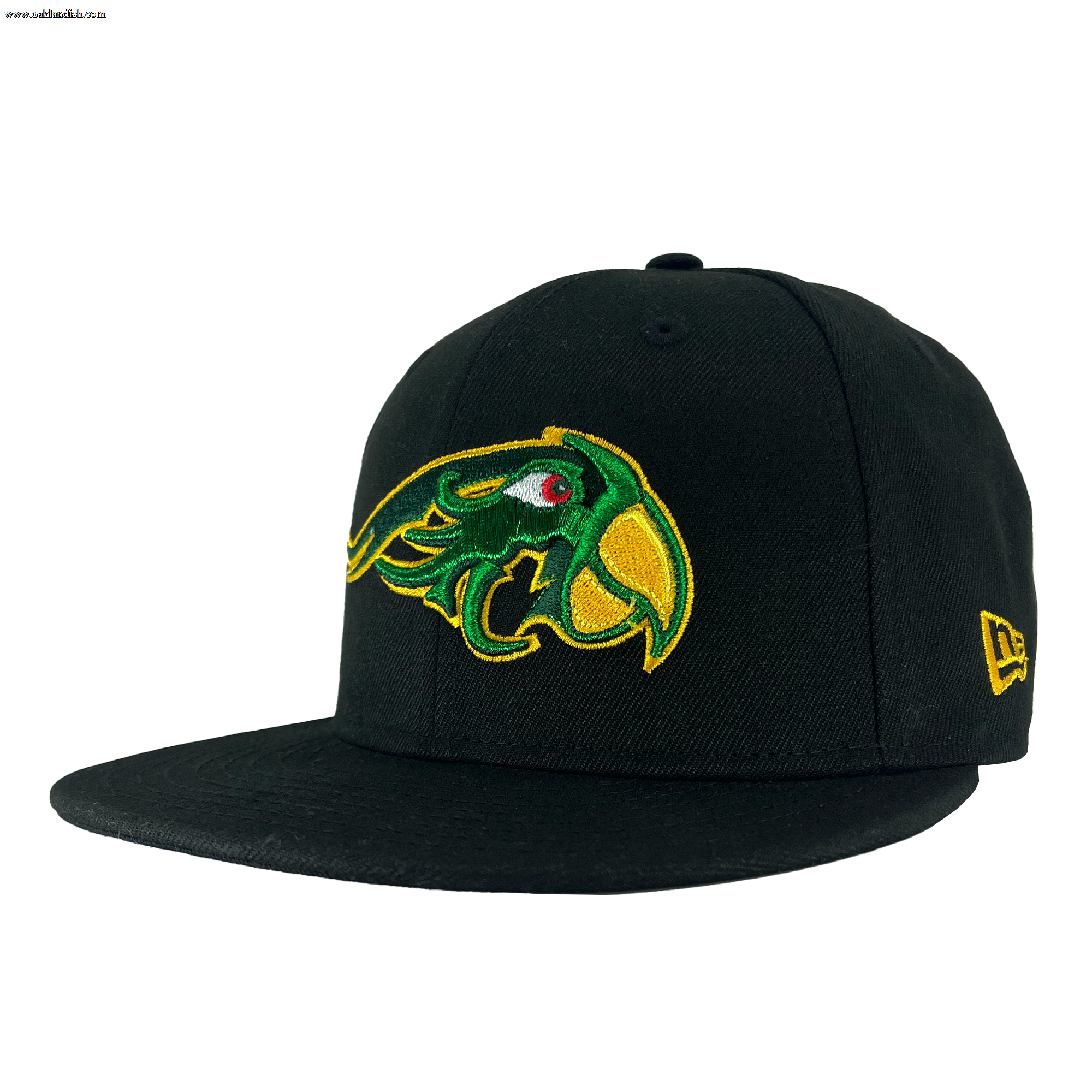 A New Era Pericos ALT 59FIFTY Cap by Other, this fitted black flat-bill cap features a yellow and green embroidered bird with a fierce expression on the front panel, as well as a yellow New Era logo stitched on the left side. The cap is displayed against a plain white background.
