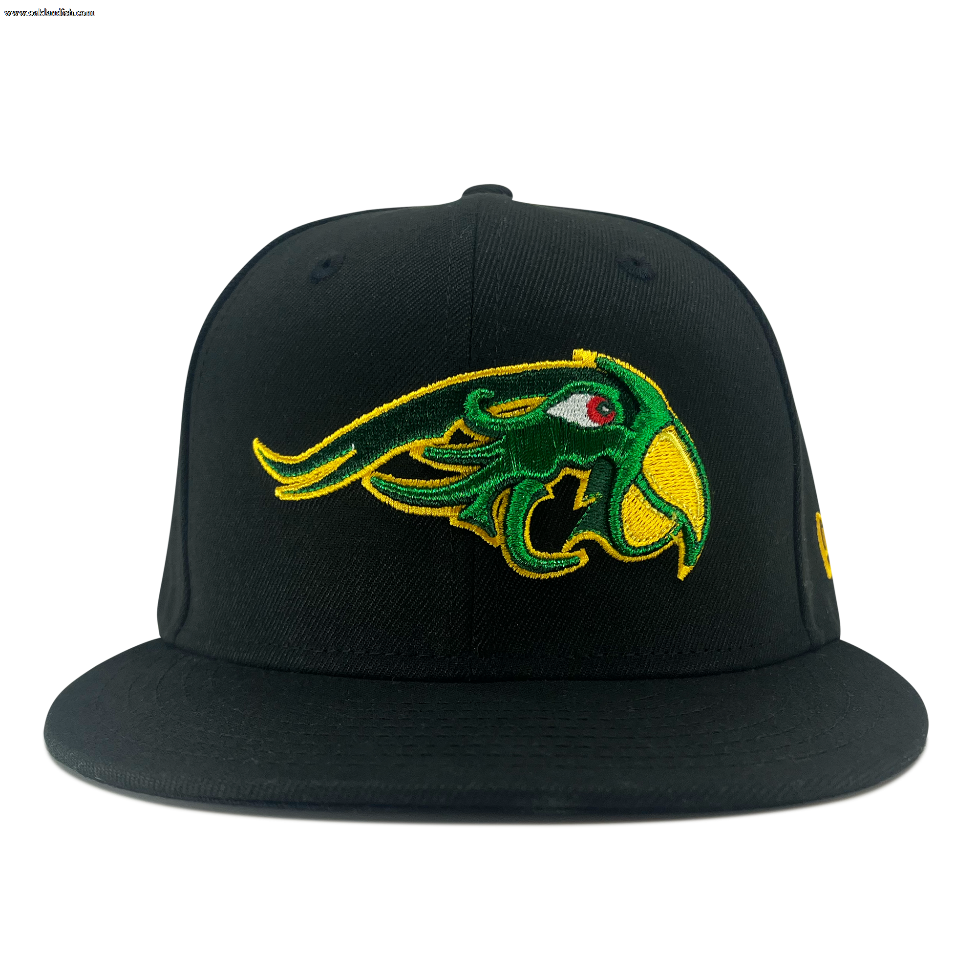 The New Era Pericos ALT 59FIFTY Cap by Other is a black, flat-brim fitted cap featuring a prominently embroidered logo of a stylized green bird with a yellow beak and eye, accented in yellow, red, and black on the front. The product is shown against a plain white background.