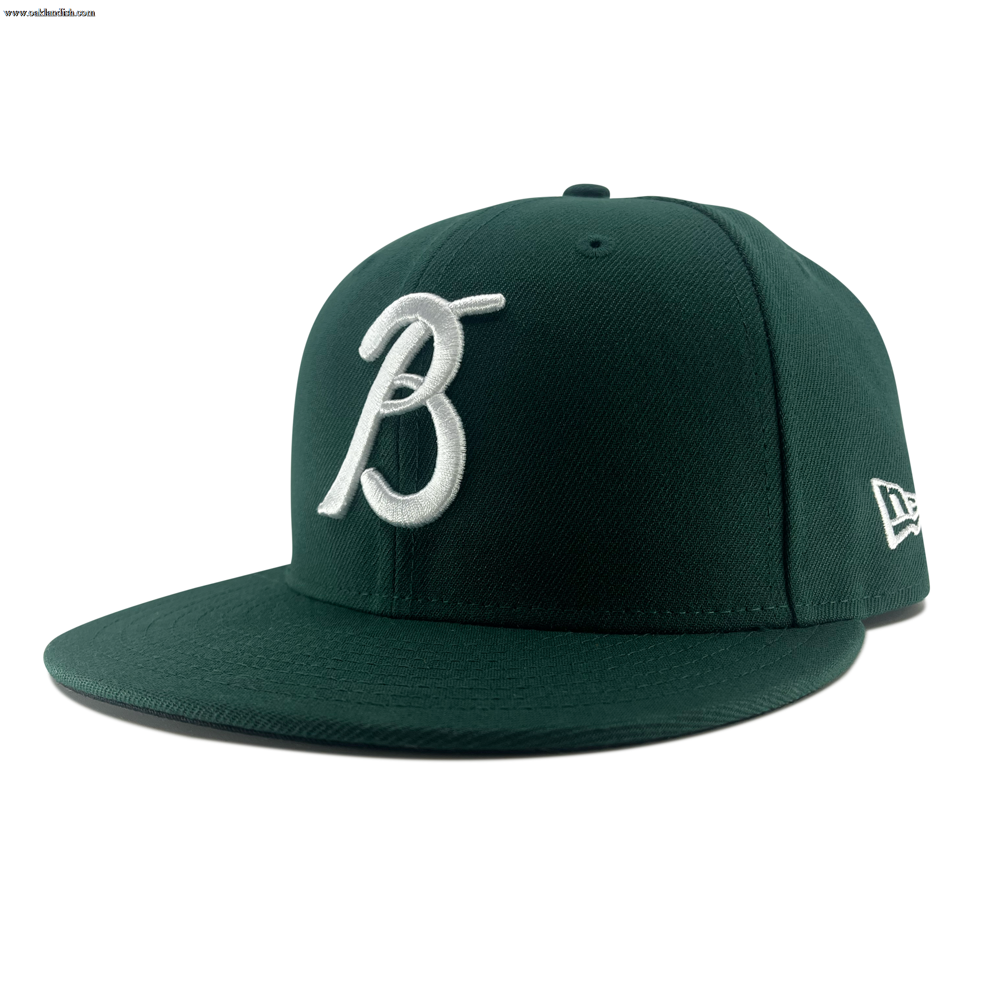 Side view of forest green 59fifty fitted hat with Los Bravos logo and new era flag on the left wear side.