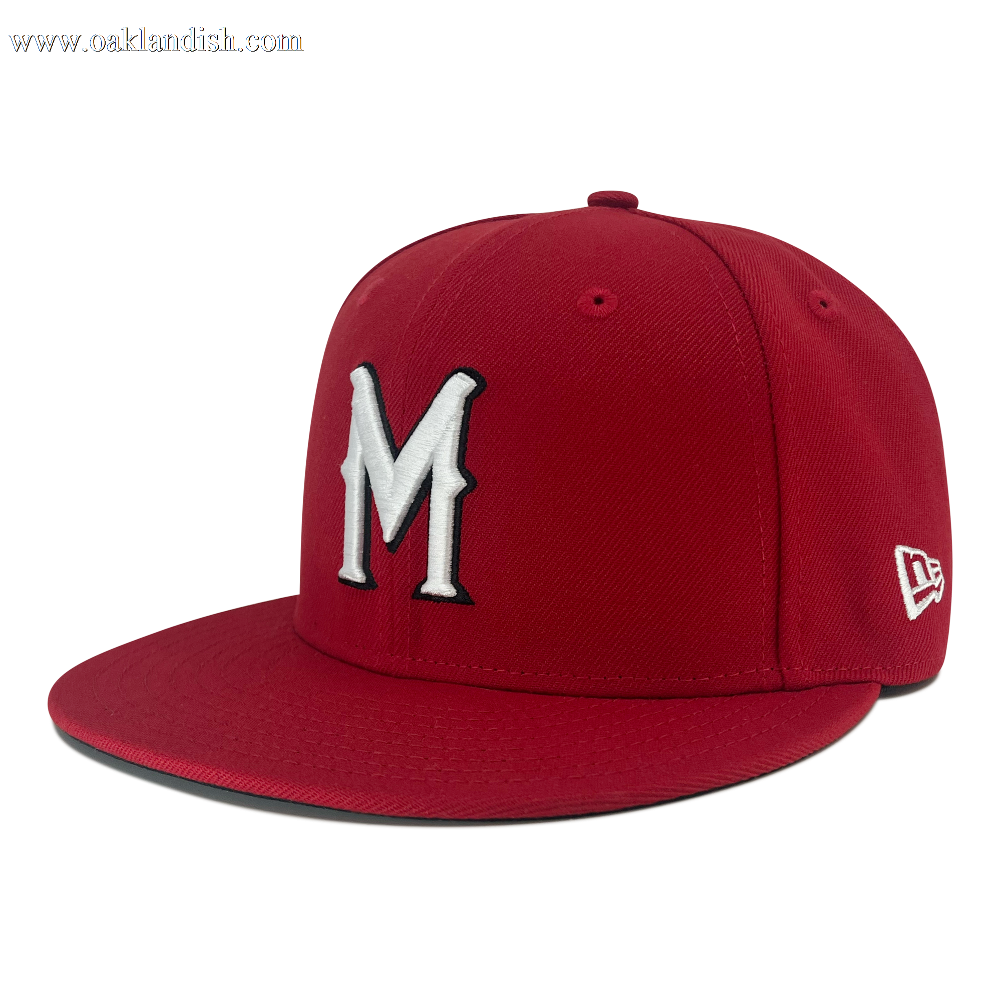 Side view of red 59fifty fitted hat with Diablos logo in white embroidery and new era flag on the left wear side.