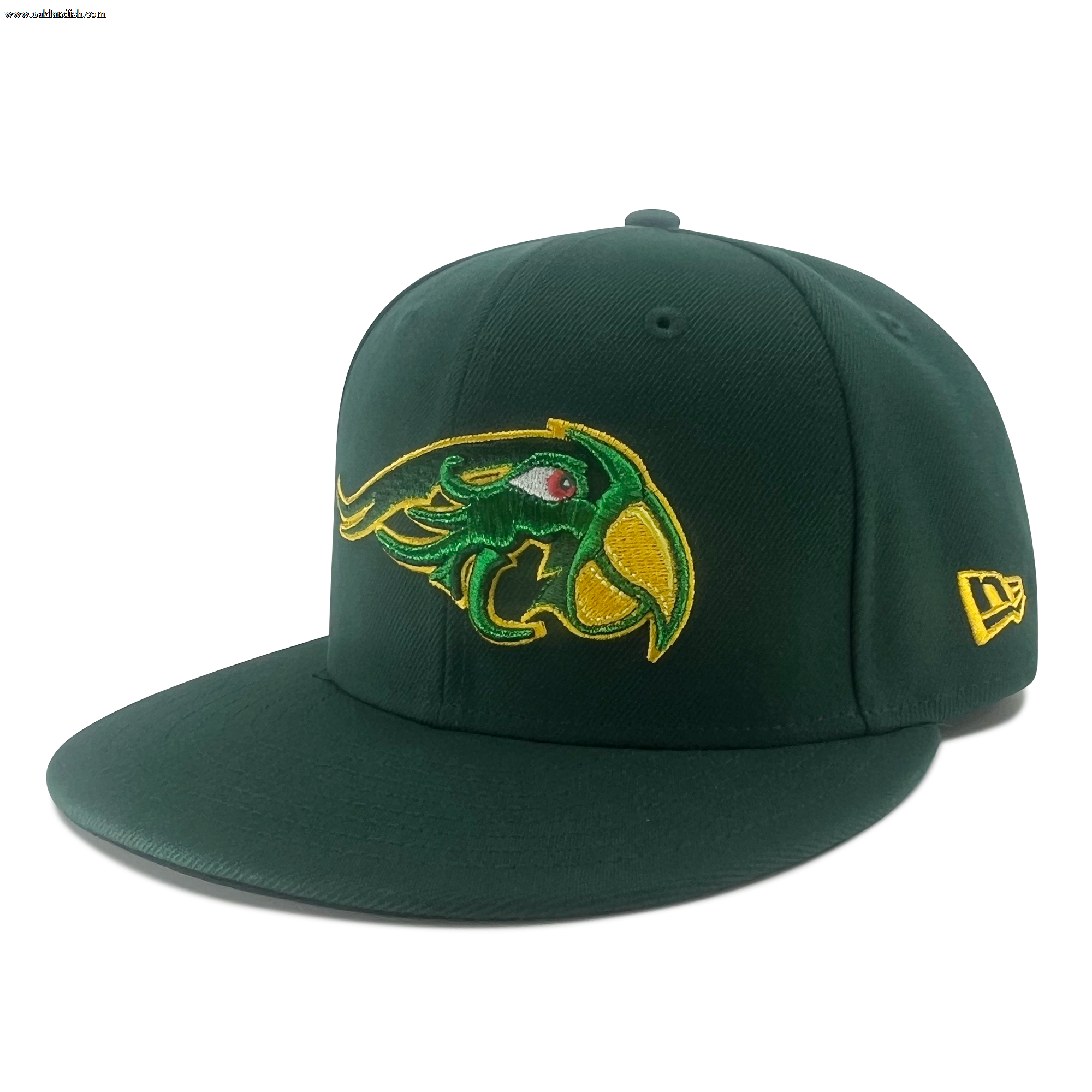 The New Era Pericos 59FIFTY Cap by Other is a dark green fitted baseball cap featuring a stylized yellow and green parrot head embroidered on the front. It has a flat brim, a yellow New Era logo on the side, and an LMB logo at the back. The background is plain white.