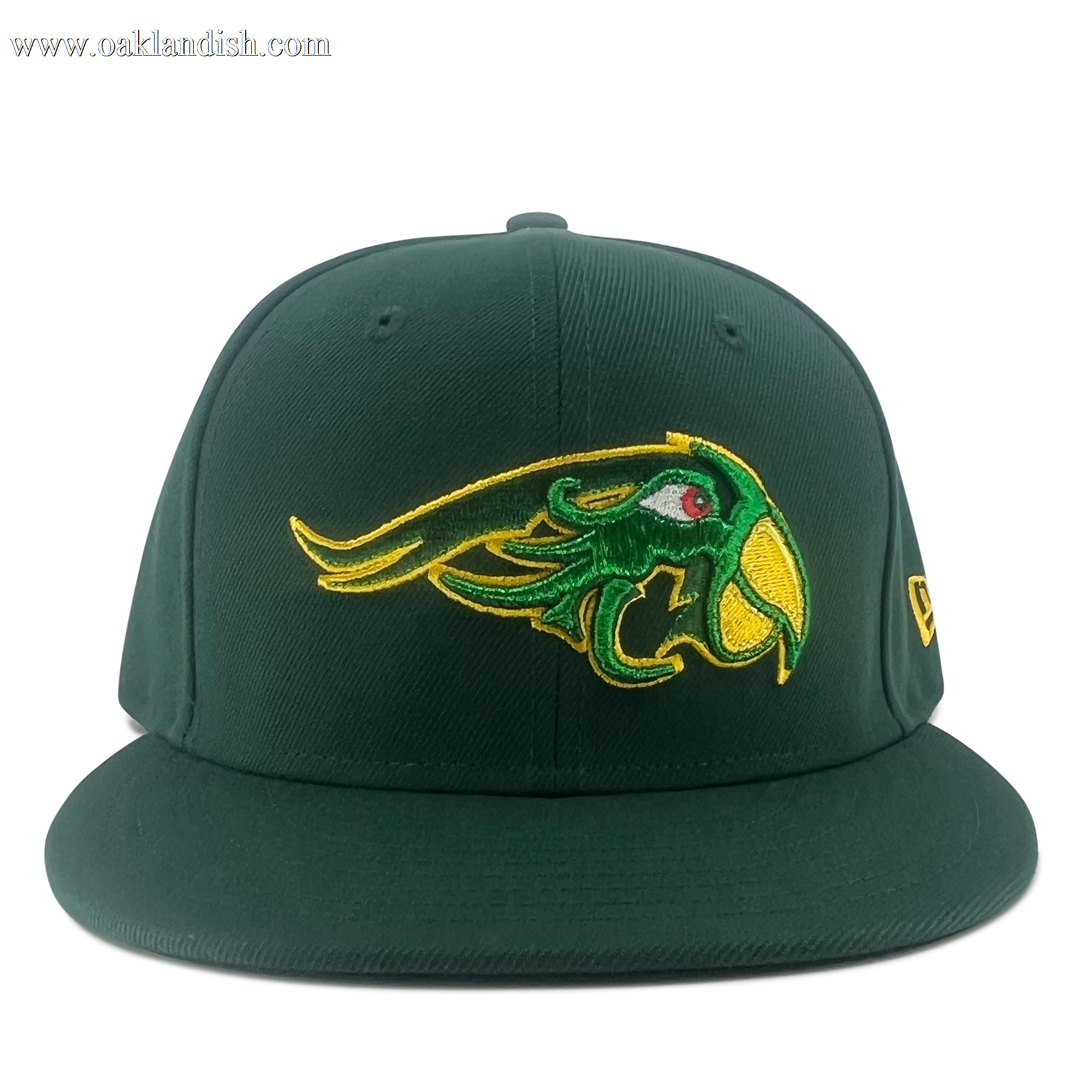 A New Era Pericos 59FIFTY Cap in dark green, featuring a yellow, green, and red embroidered bird head LMB logo on the front panel. The left side displays a small yellow “New Era” logo. The image is centered on a plain white background with bright, even lighting. Brand: Other.