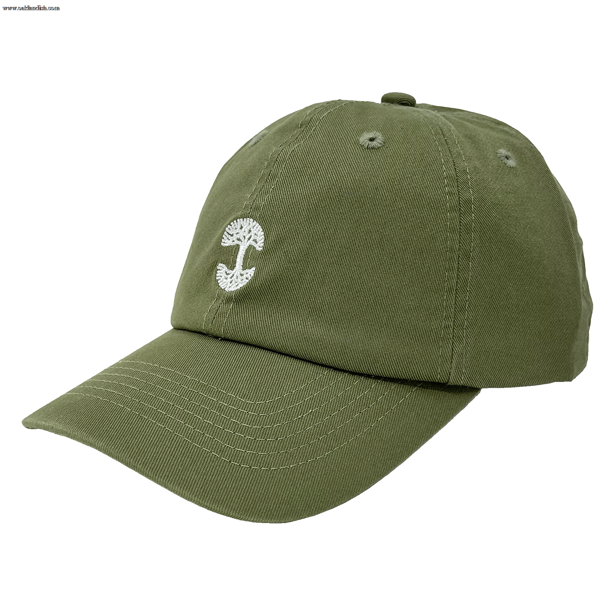 Side view of army green dad cap with micro-sized white embroidered Oaklandish tree logo on the crown.