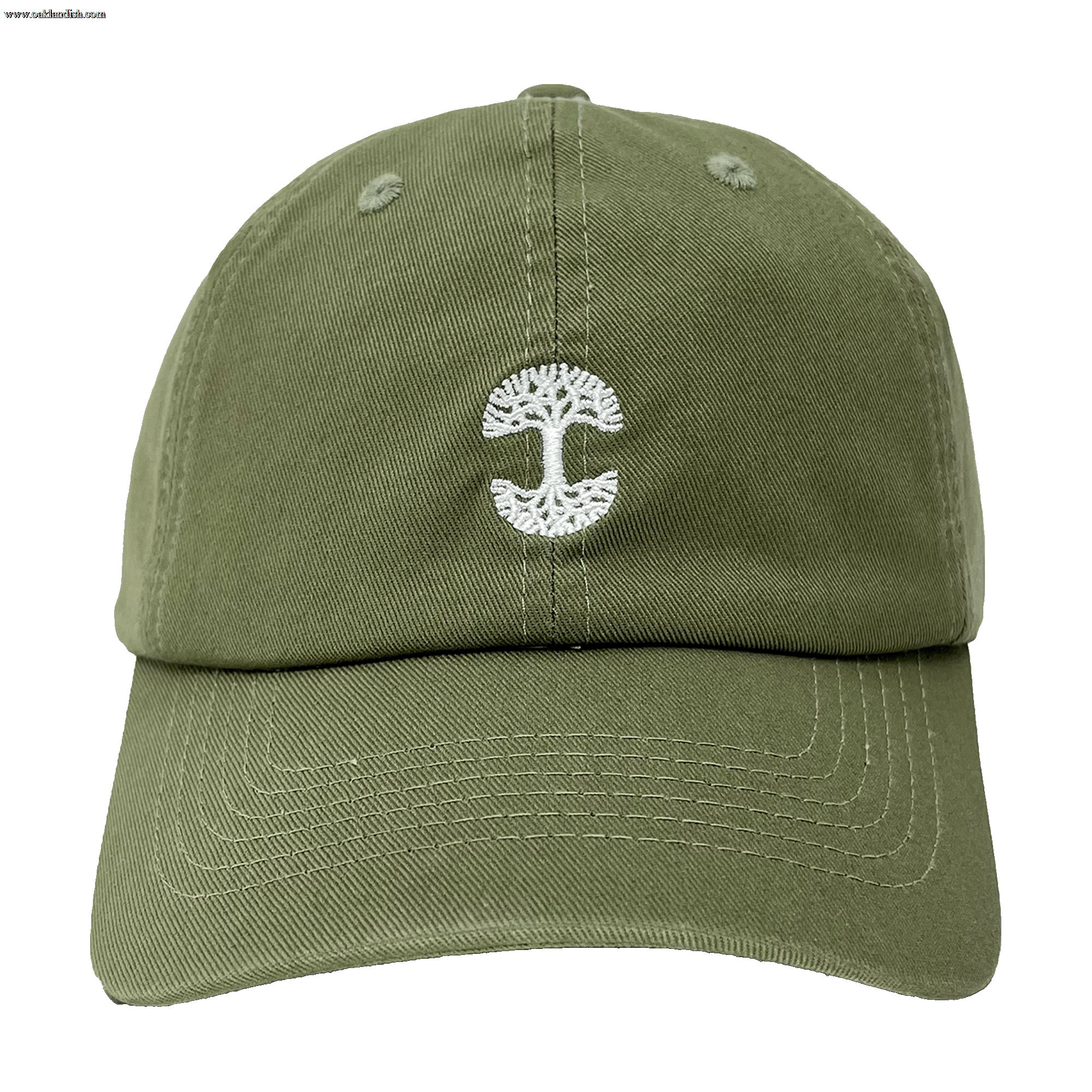 Front view of army green dad cap with micro-sized white embroidered Oaklandish tree logo on the crown.