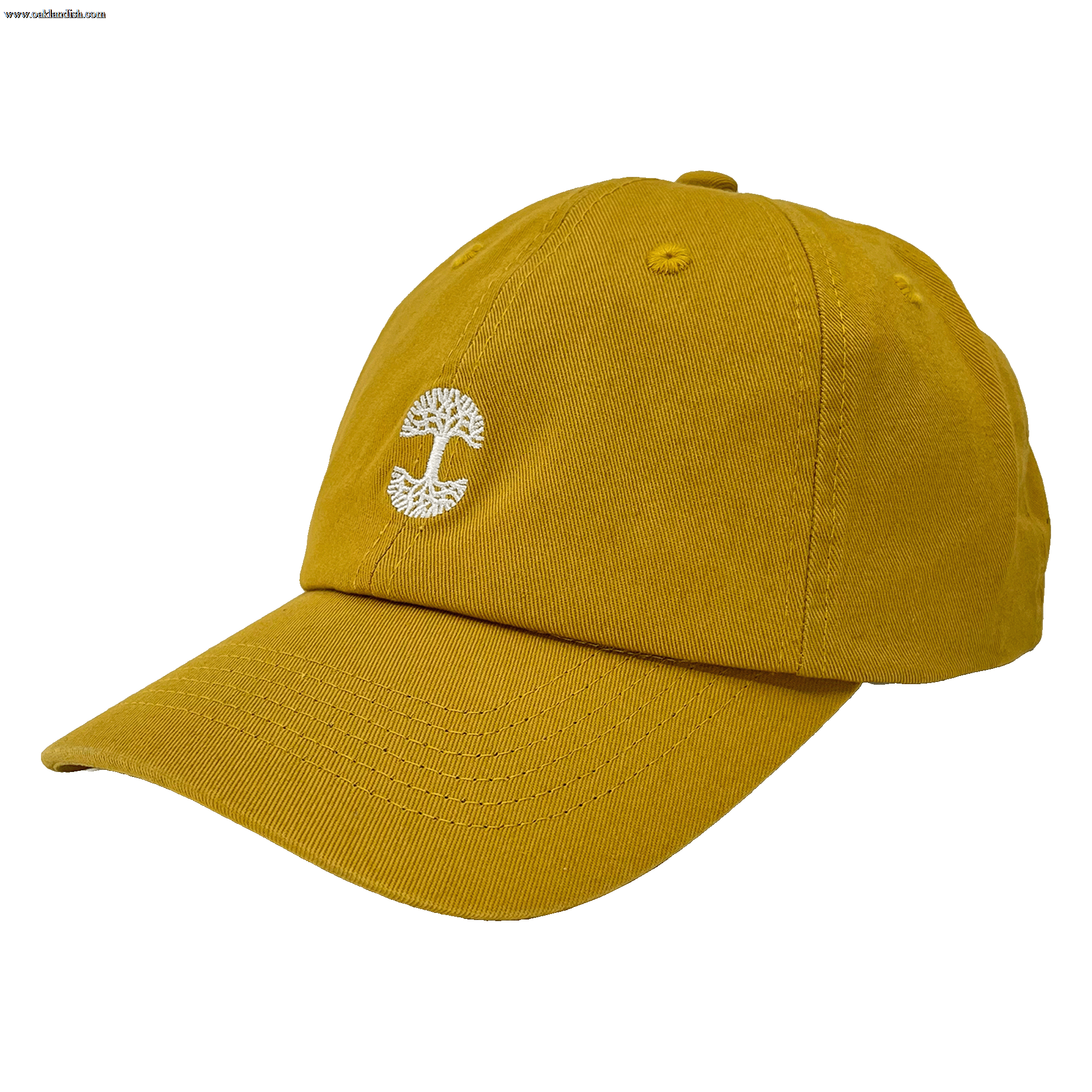 The Micro Logo Dad Hat by Oaklandish is a mustard yellow Dad hat featuring a curved brim, stitched ventilation eyelets, and an adjustable strap back. The front panel showcases a small stylized white tree emblem. The transparent background ensures all attention is on this stylish accessory.