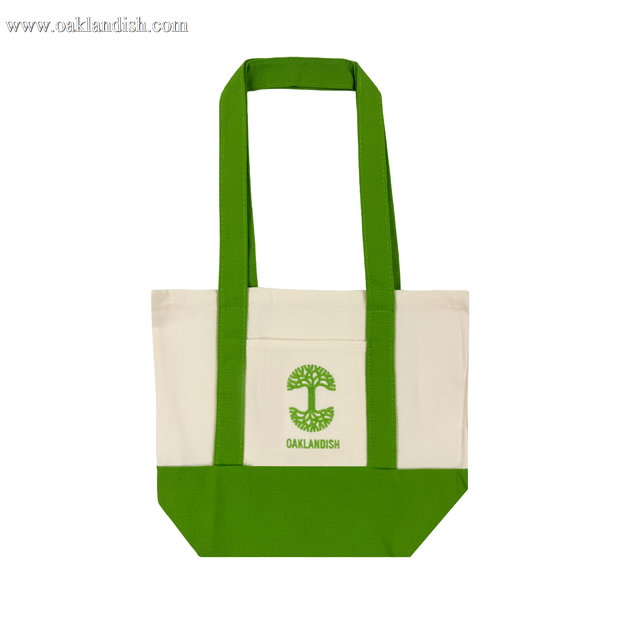 The Oaklandish Mini Grocery Tote features a cream body with lime green handles and bottom, a boxy shape, bold color blocking, and an embroidered tree logo above "OAKLANDISH" on the front.