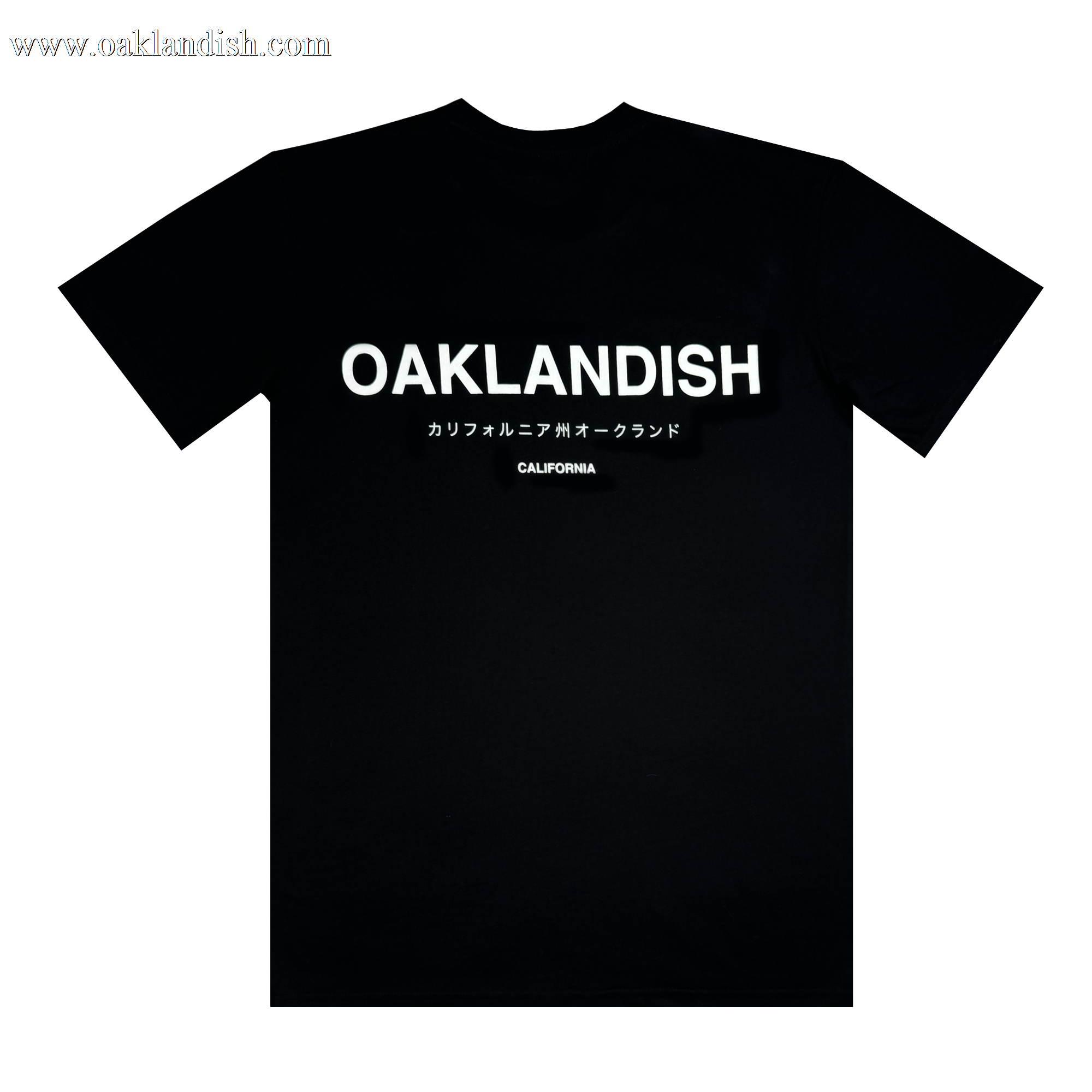 Introducing the Modern Type Tee by Oaklandish: a black cotton T-shirt featuring "OAKLANDISH" in bold, white capital letters across the back. Below, smaller Japanese characters elegantly spell "Oakland," while the word "CALIFORNIA" is displayed in white against a small black rectangle. It's an ideal choice for men who value stylish comfort.