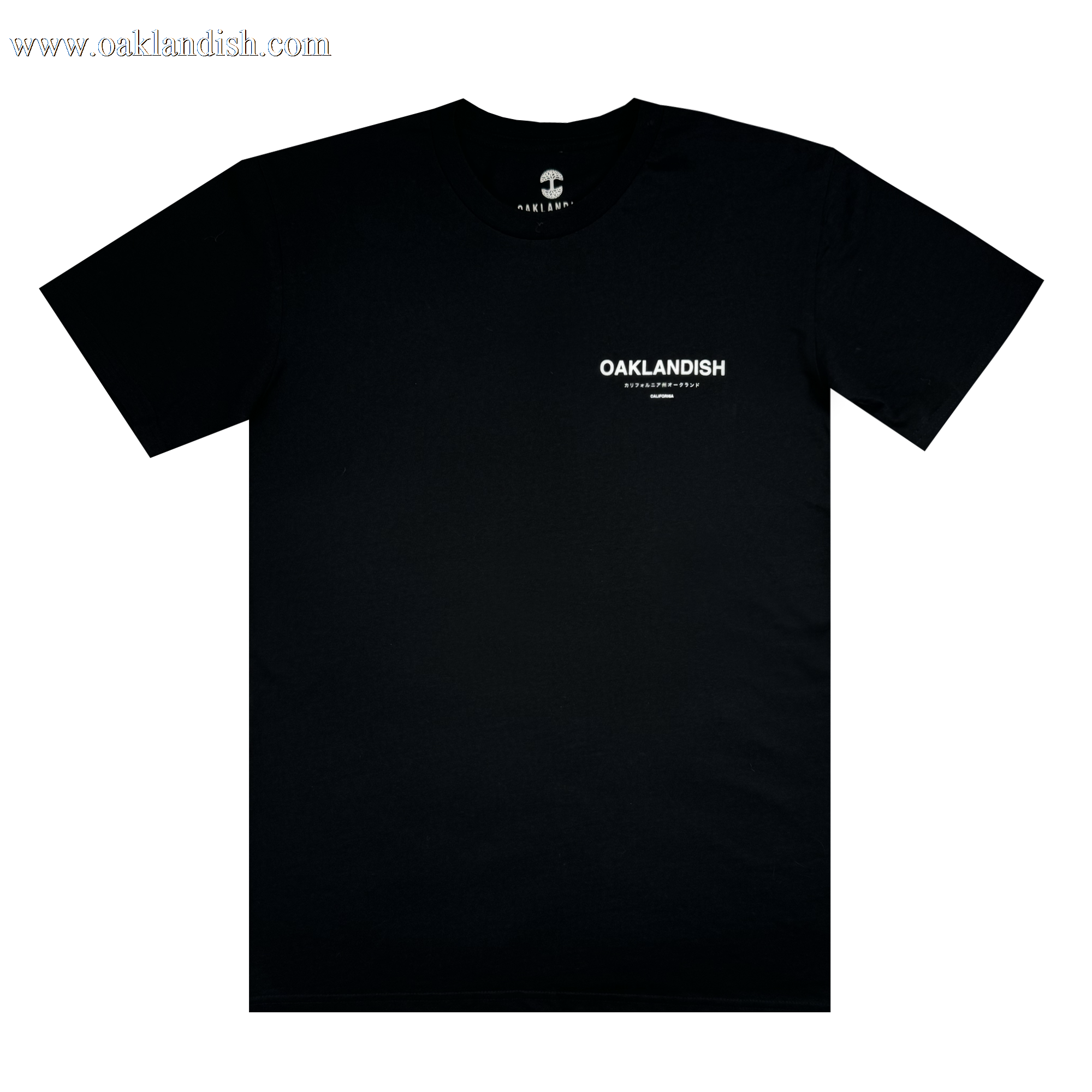 The Modern Type Tee from Oaklandish is a men's black cotton T-shirt featuring "OAKLANDISH" printed in white on the upper left chest area and the logo centered at the neck on the back. This classic crew neck design with short sleeves provides a comfortable fit.