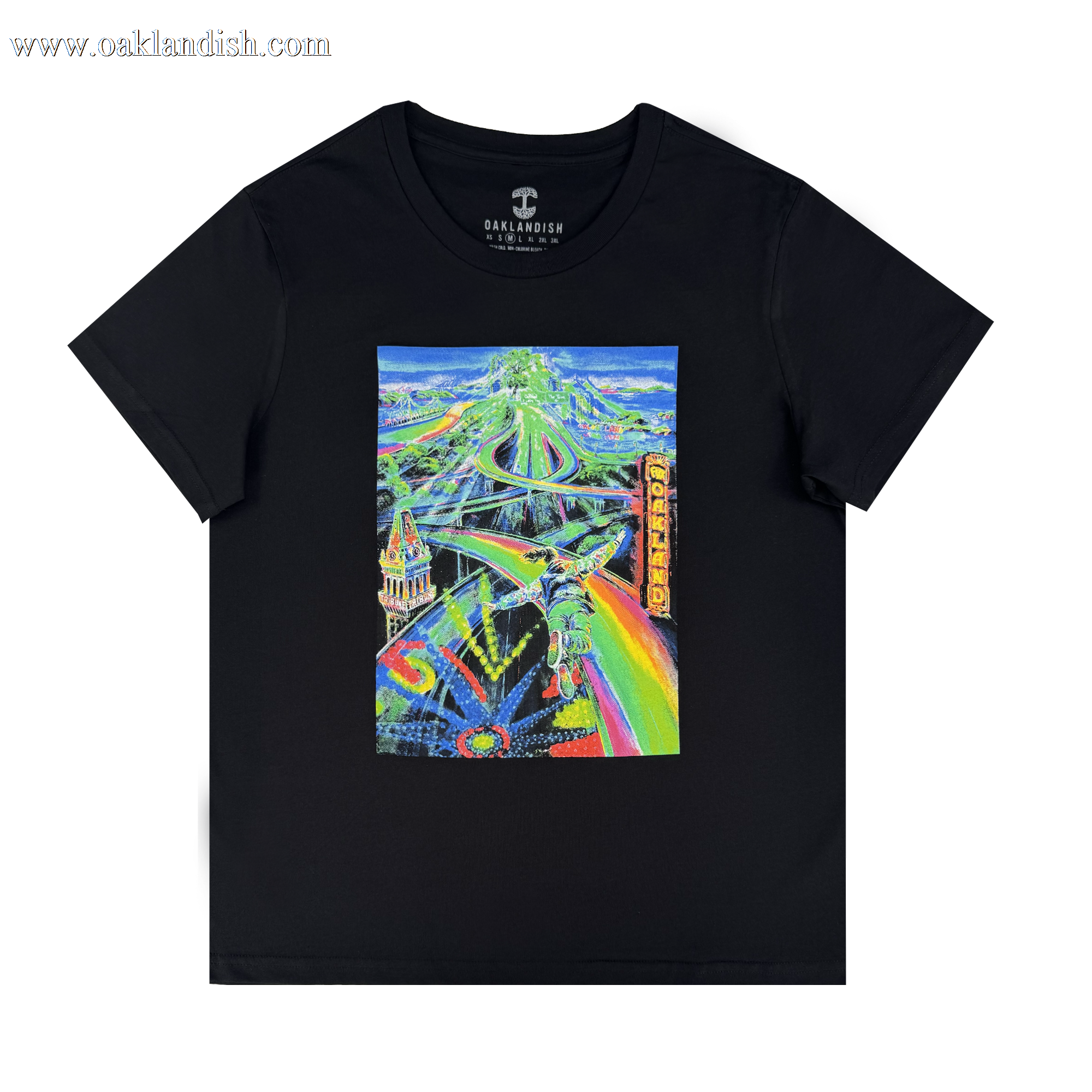 The Women's Yay Area Tee by Oaklandish features a vibrant graphic of an abstract Oakland cityscape with winding highways, a tower, neon colors, and “OAKLAND” in yellow vertically on the right side.