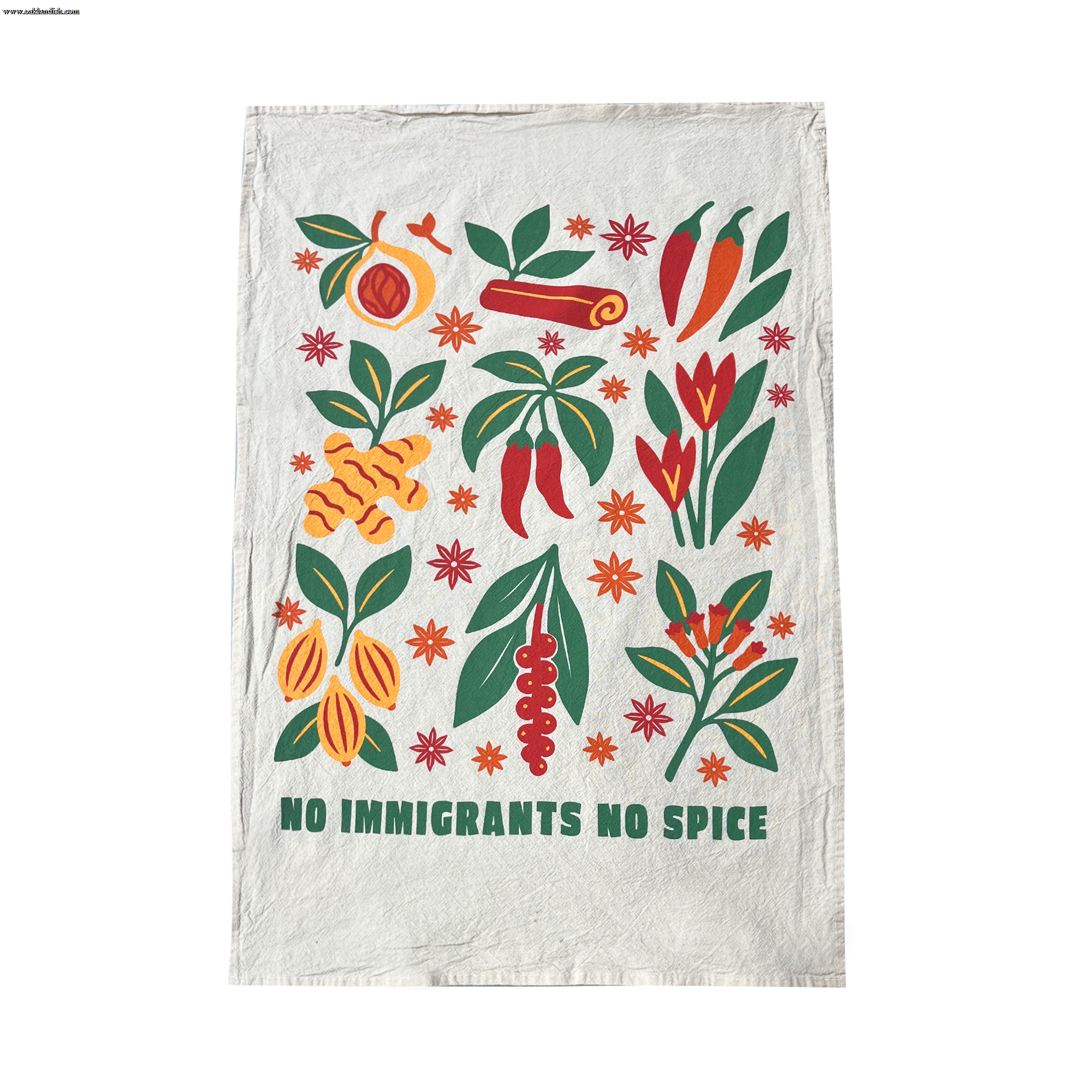 The NINS Tea Towel by Oaklandish is a vibrant white cloth with bold illustrations of spices—chili, cinnamon, ginger, and turmeric—celebrating immigrant rights. “NO IMMIGRANTS NO SPICE” appears in green at the bottom in graphic style.