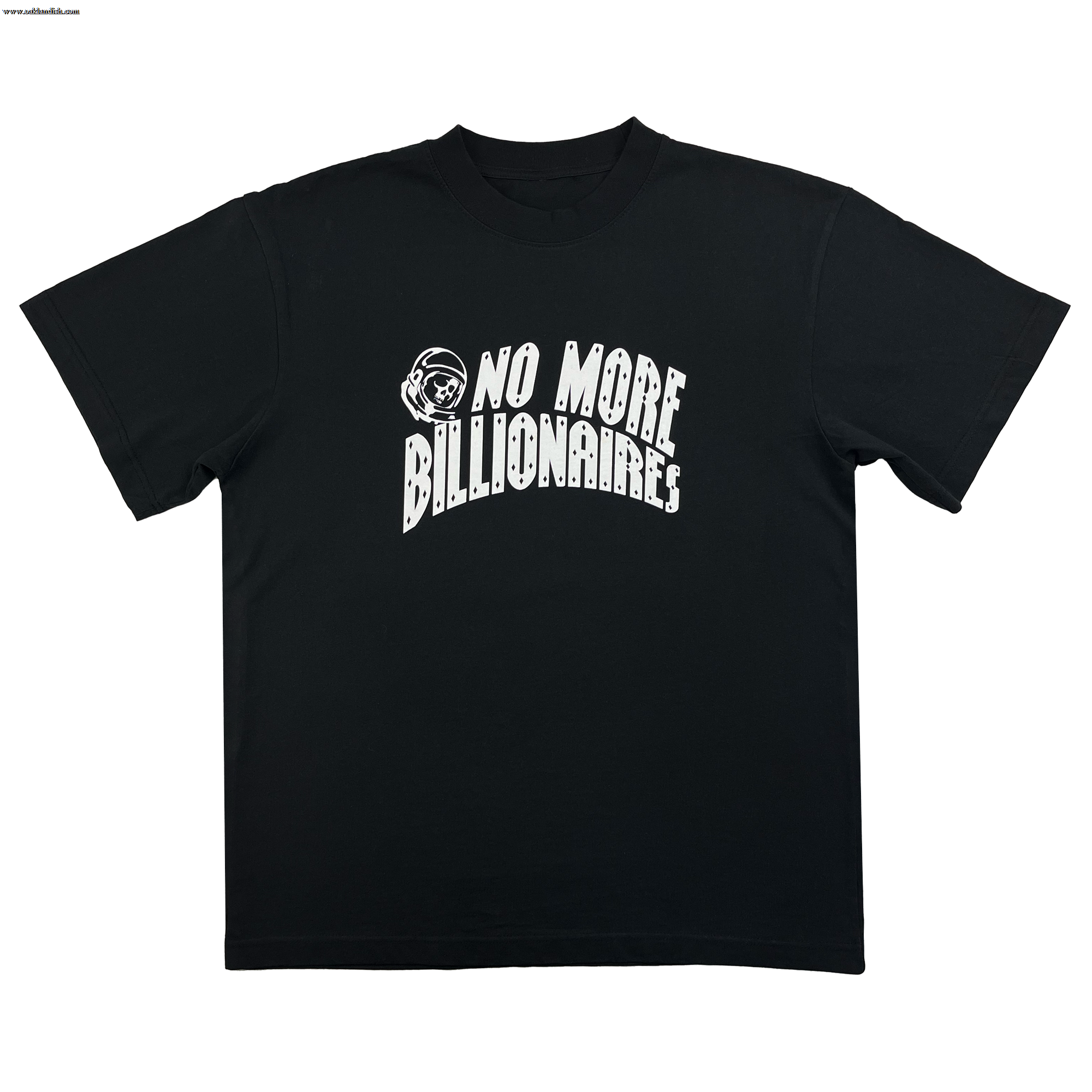 The BOSK No Billionaires Tee is a black classic fit t-shirt made from 100% cotton, featuring "No More Billionaires" in white with a beanie-wearing, glasses-clad figure graphic, all on a transparent background for versatile layering.