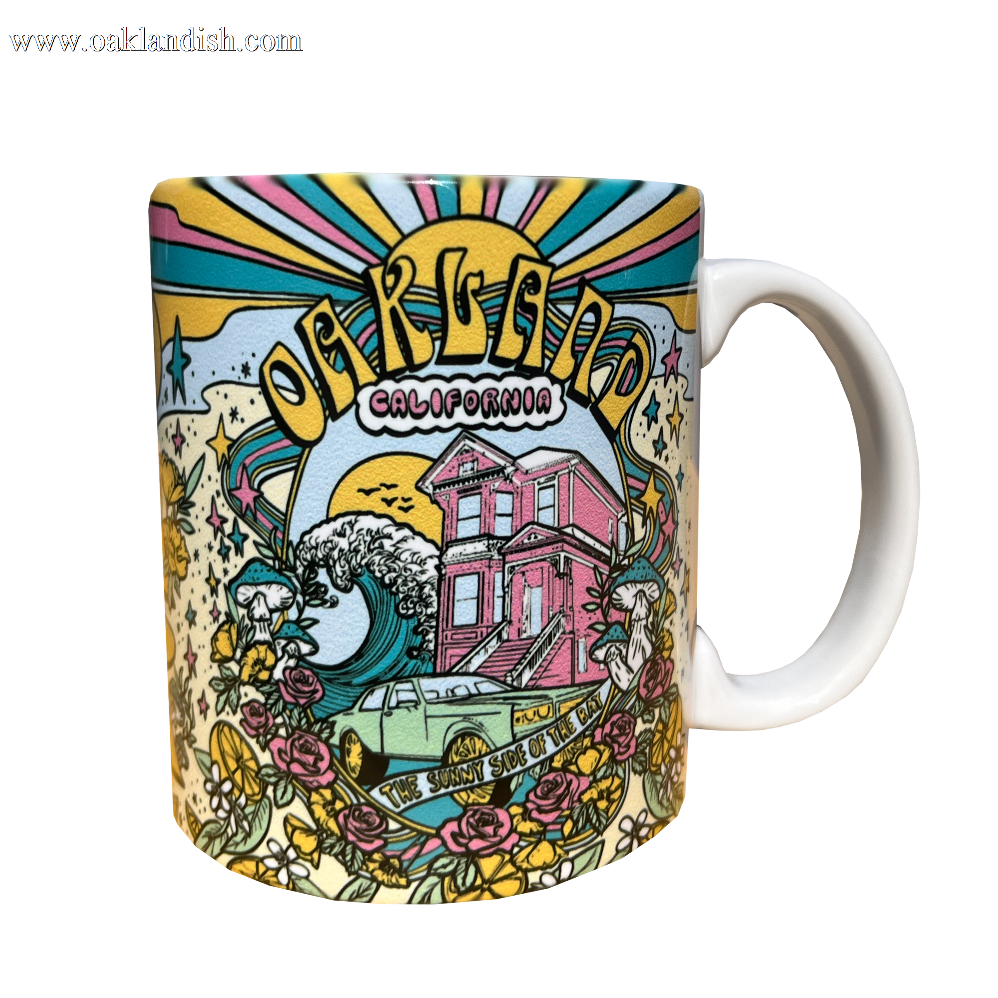 Angle view of Oakland Dream mug with Oakland dream all over print and C handle.
