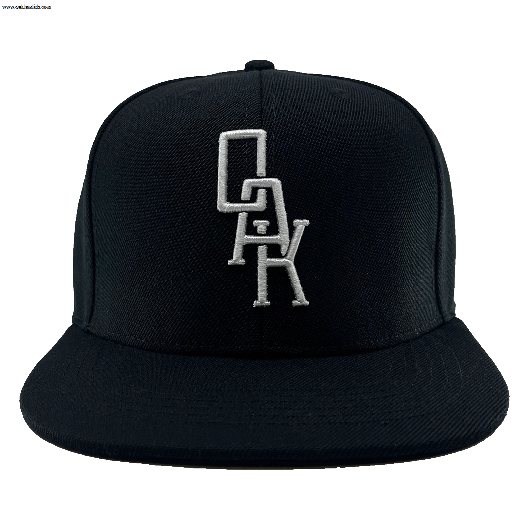 Front view of a black hat with a black bill and white embroidered OAK logo on the front crown.