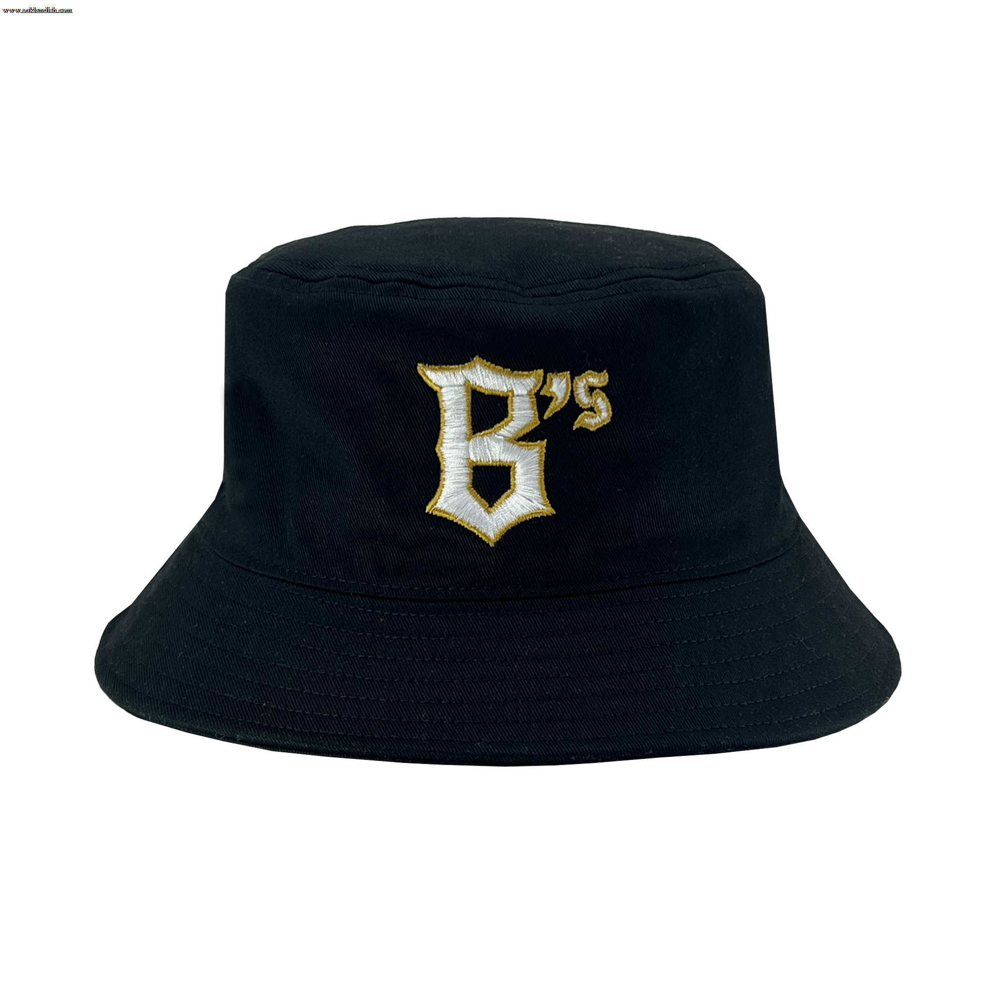 The Oakland Ballers B Bucket Hat by the Oakland Ballers features a stylish black design with embroidered yellow and white text reading "6's" in a unique font on the front. Reminiscent of a professional baseball team cap, it has visible stitching around the top and brim, adding texture and detail. The hat stands out against a plain white background, making it the focal point of the image.